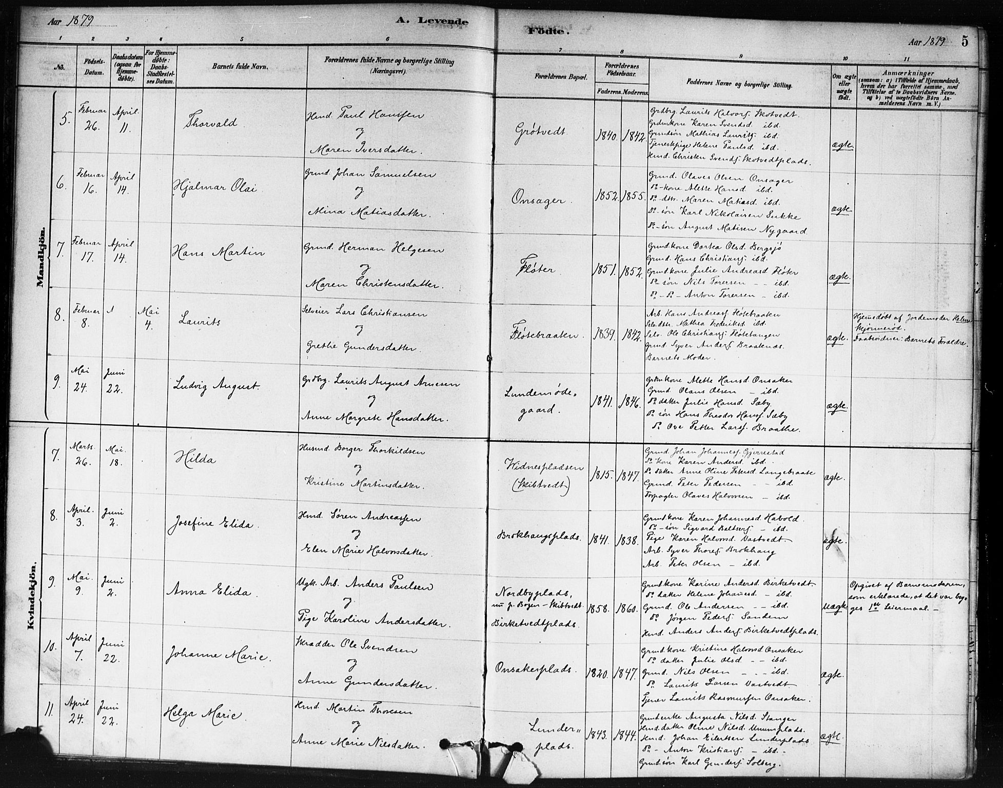 Våler prestekontor Kirkebøker, AV/SAO-A-11083/F/Fb/L0001: Parish register (official) no. II 1, 1878-1896, p. 5