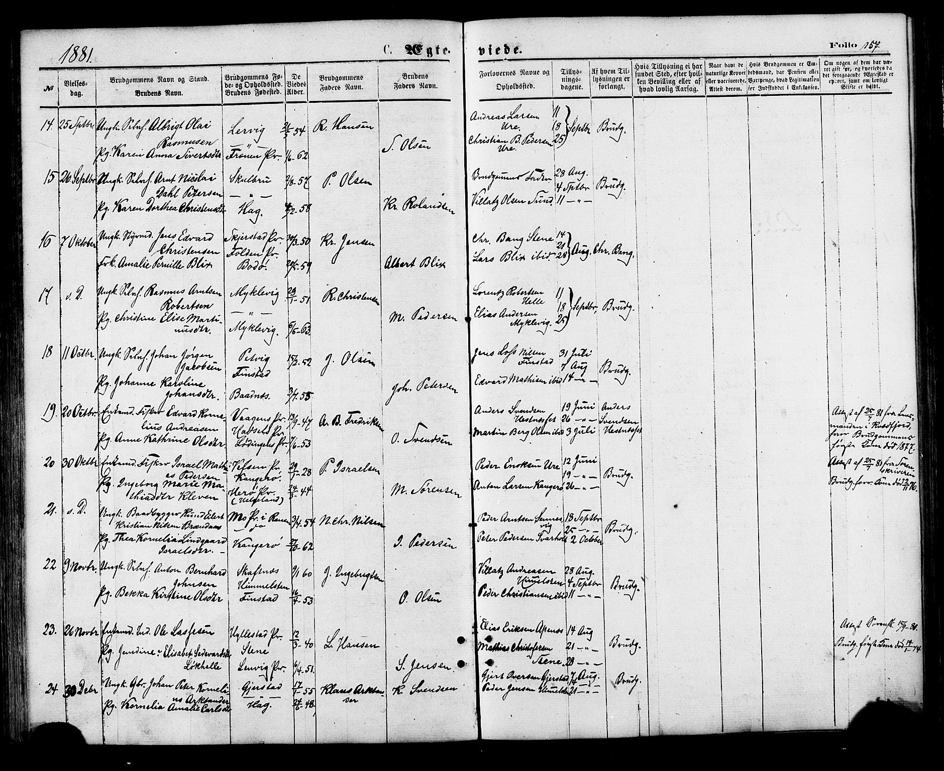 Ministerialprotokoller, klokkerbøker og fødselsregistre - Nordland, SAT/A-1459/881/L1166: Parish register (copy) no. 881C03, 1876-1885, p. 157