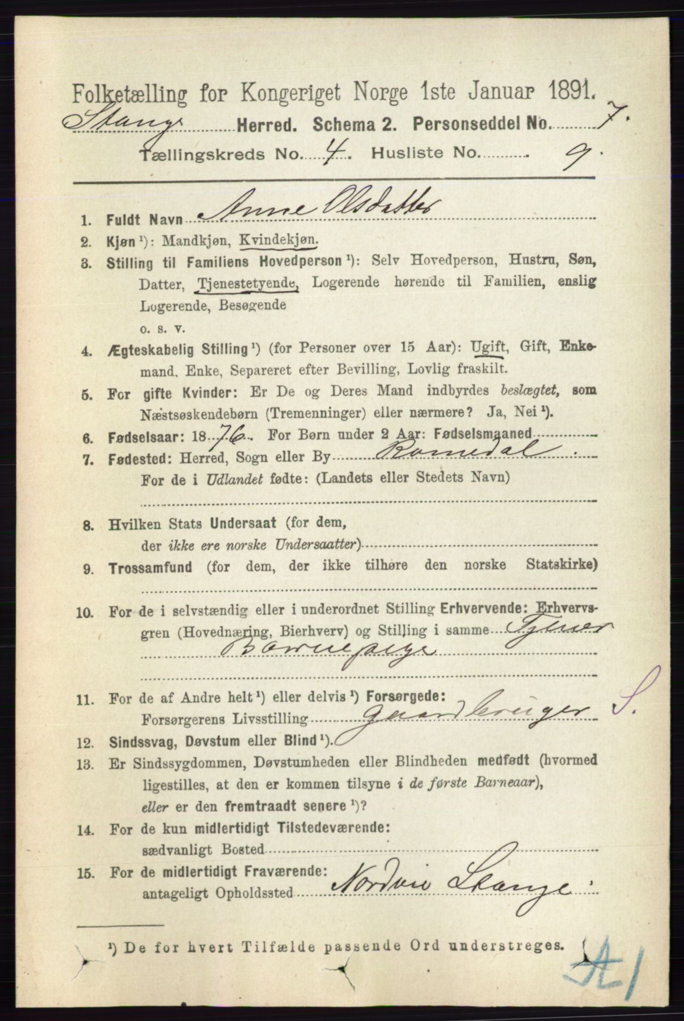RA, 1891 census for 0417 Stange, 1891, p. 2411