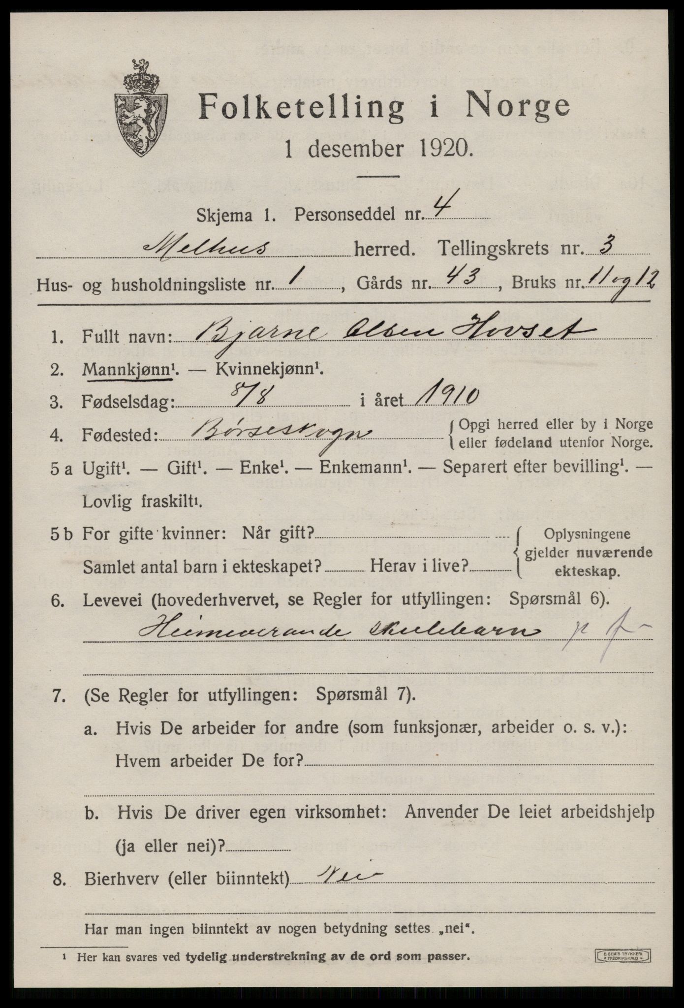 SAT, 1920 census for Melhus, 1920, p. 2599