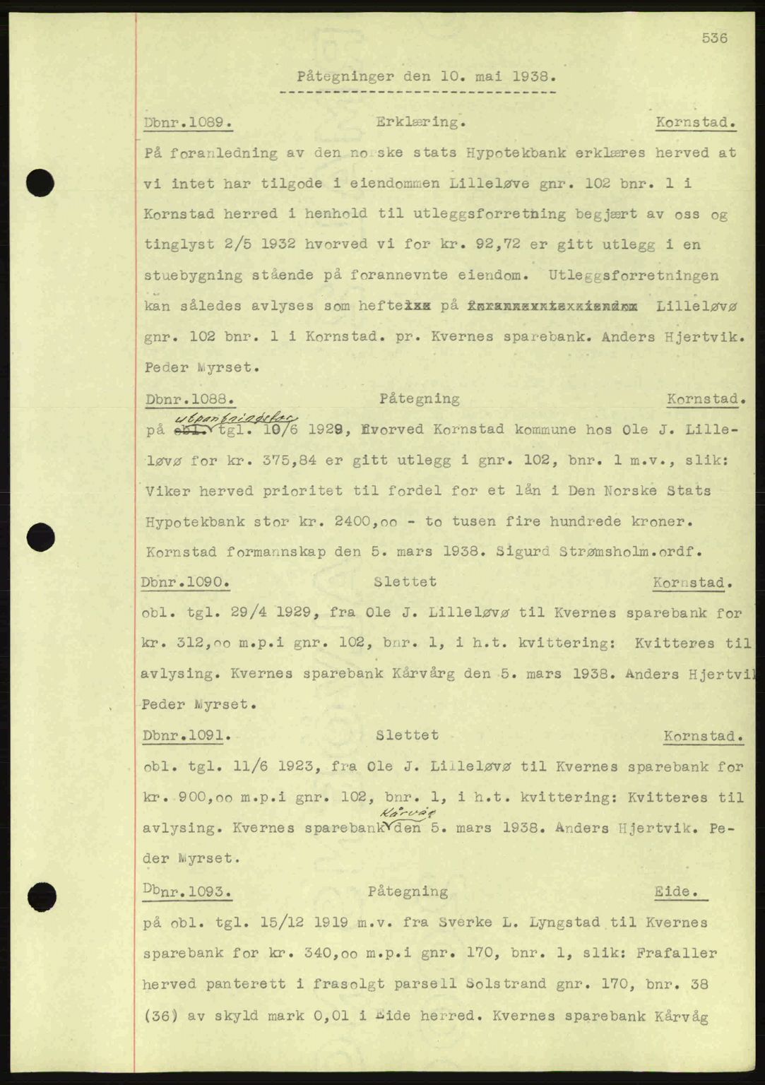 Nordmøre sorenskriveri, AV/SAT-A-4132/1/2/2Ca: Mortgage book no. C80, 1936-1939, Diary no: : 1089/1938