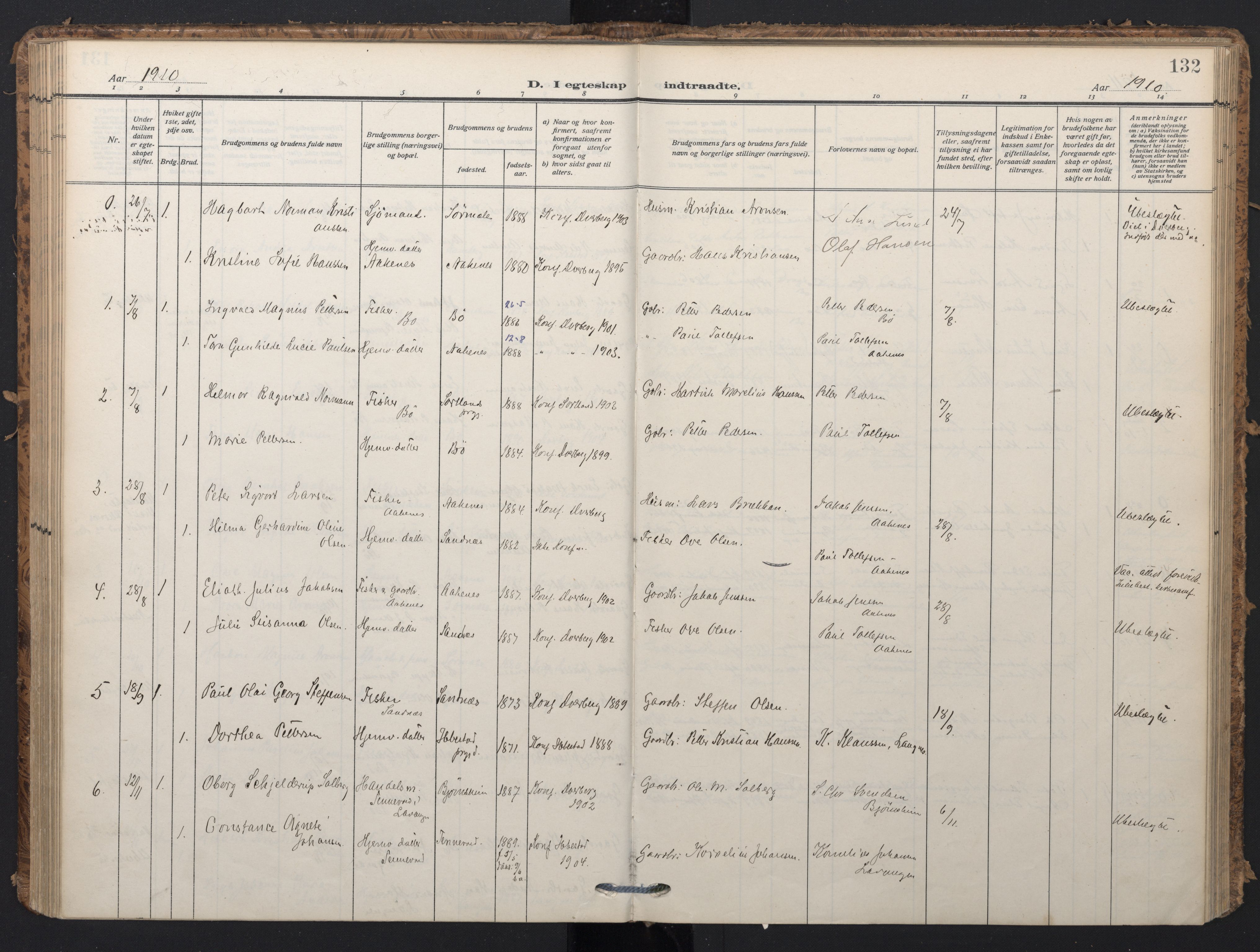Ministerialprotokoller, klokkerbøker og fødselsregistre - Nordland, AV/SAT-A-1459/898/L1423: Parish register (official) no. 898A03, 1909-1928, p. 132