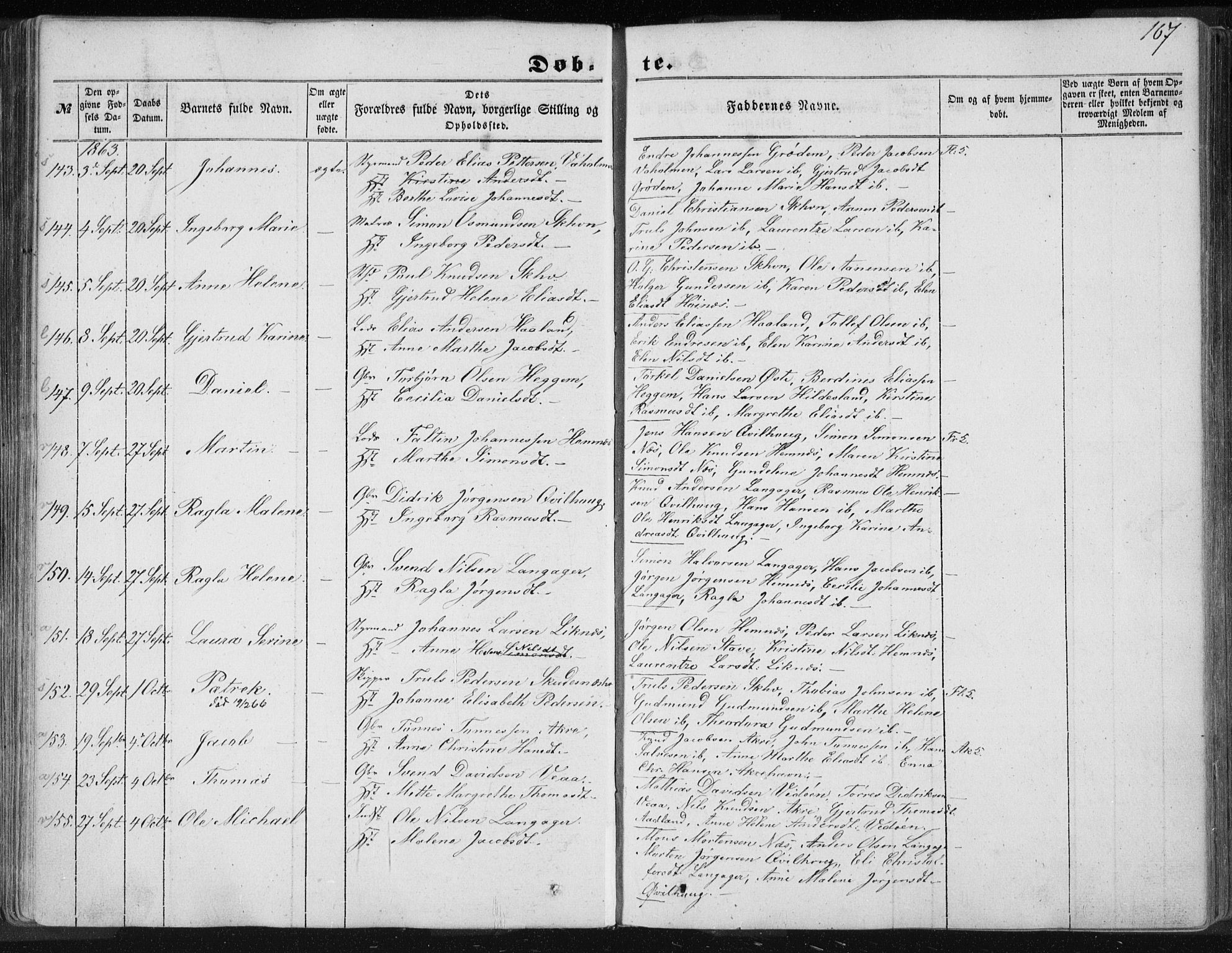 Skudenes sokneprestkontor, SAST/A -101849/H/Ha/Haa/L0004: Parish register (official) no. A 3.1, 1847-1863, p. 167