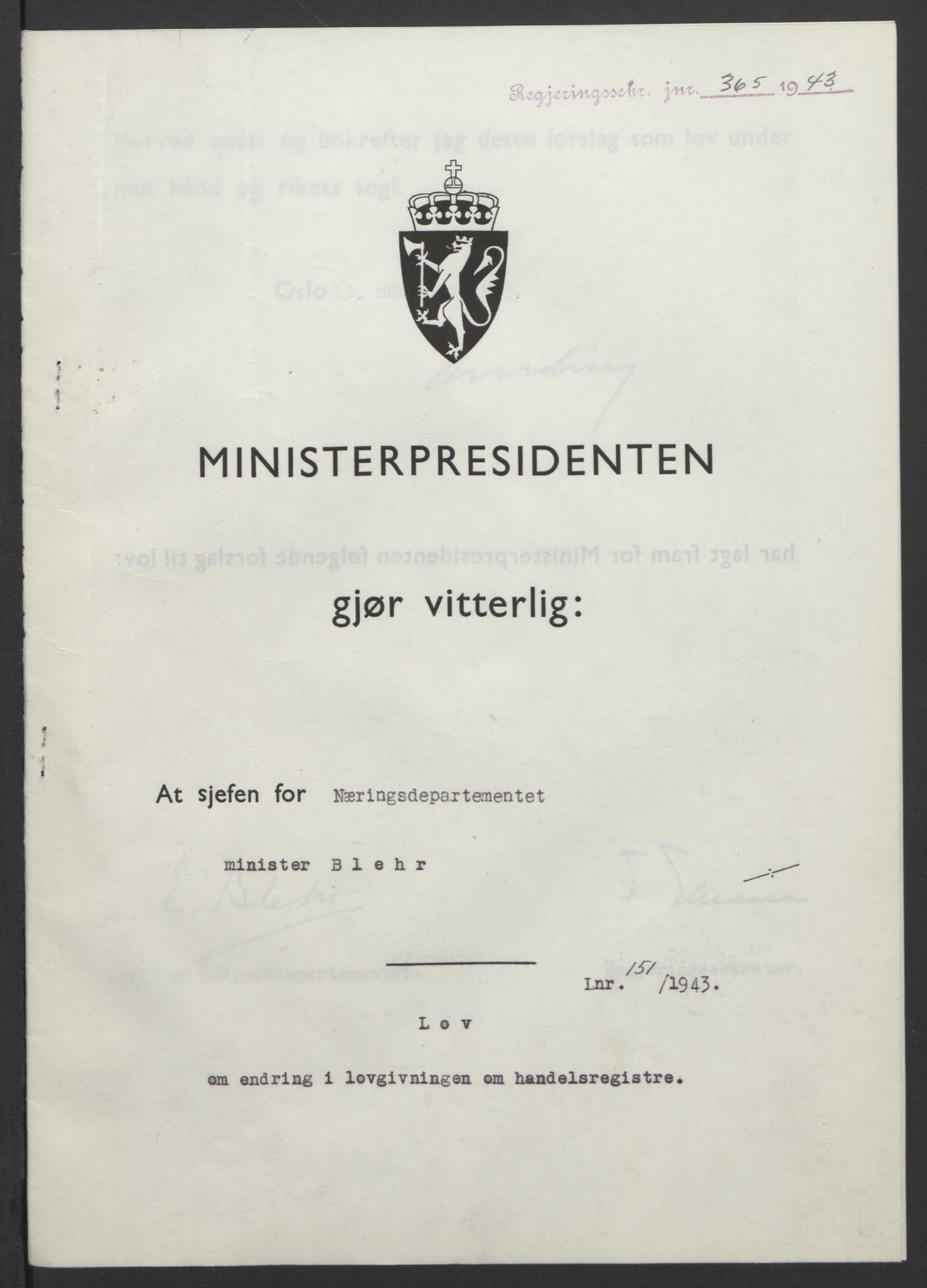 NS-administrasjonen 1940-1945 (Statsrådsekretariatet, de kommisariske statsråder mm), RA/S-4279/D/Db/L0099: Lover, 1943, p. 712