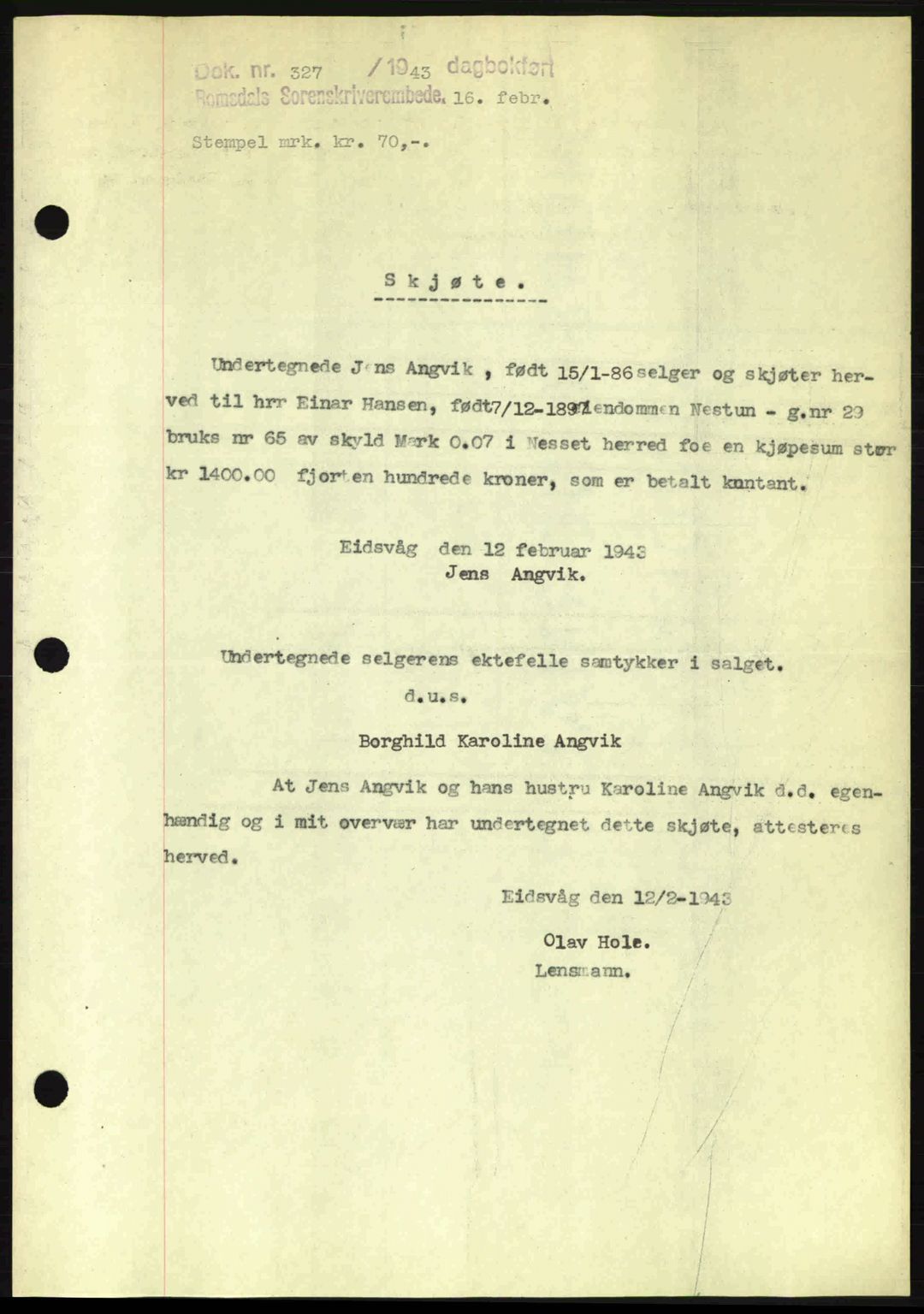 Romsdal sorenskriveri, AV/SAT-A-4149/1/2/2C: Mortgage book no. A13, 1942-1943, Diary no: : 327/1943