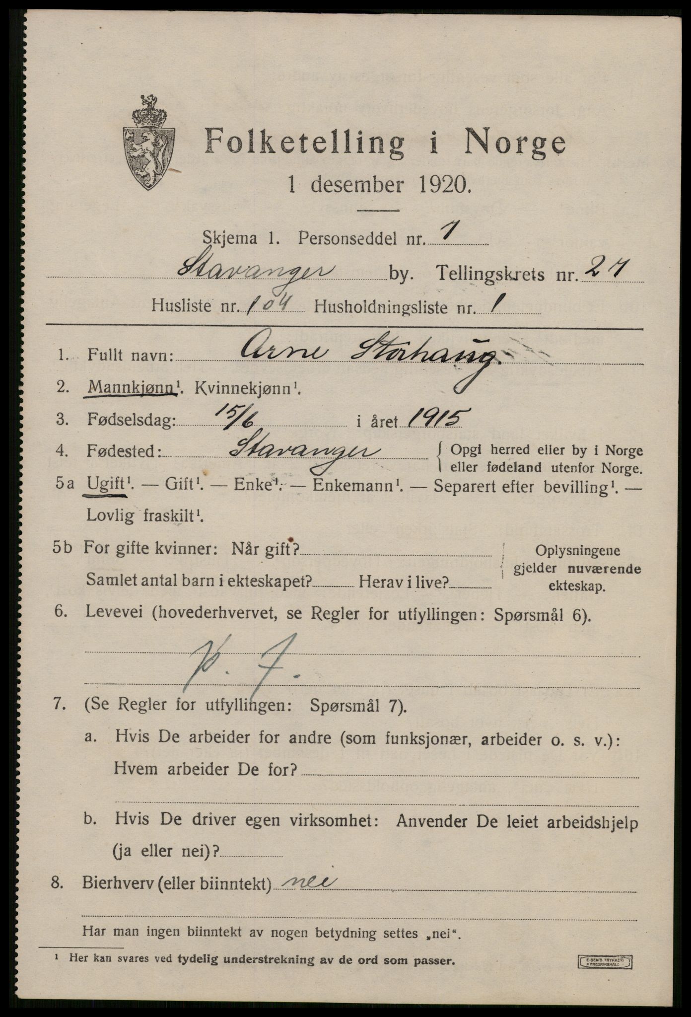 SAST, 1920 census for Stavanger, 1920, p. 80752