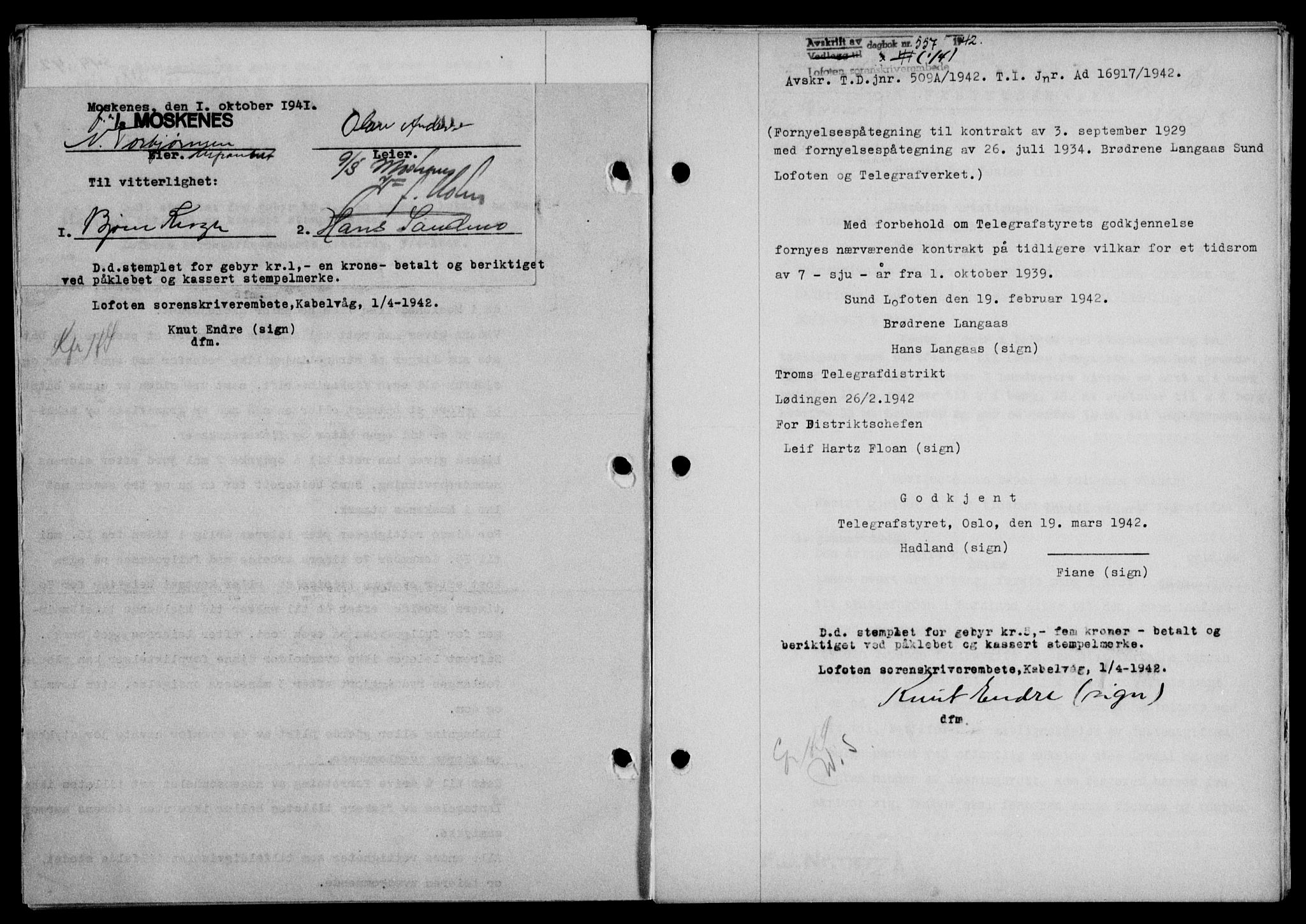 Lofoten sorenskriveri, SAT/A-0017/1/2/2C/L0009a: Mortgage book no. 9a, 1941-1942, Diary no: : 557/1942