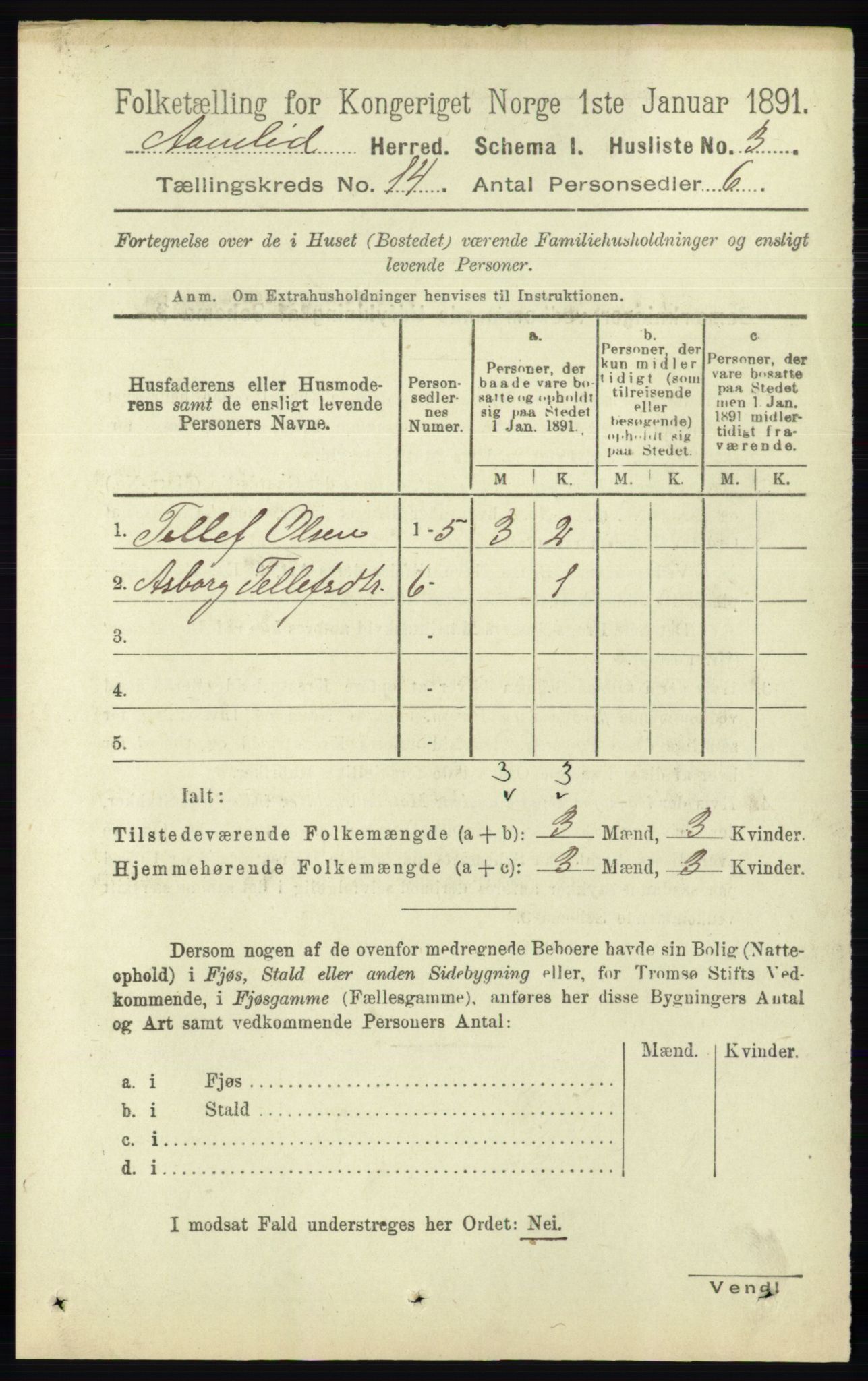 RA, 1891 census for 0929 Åmli, 1891, p. 2229