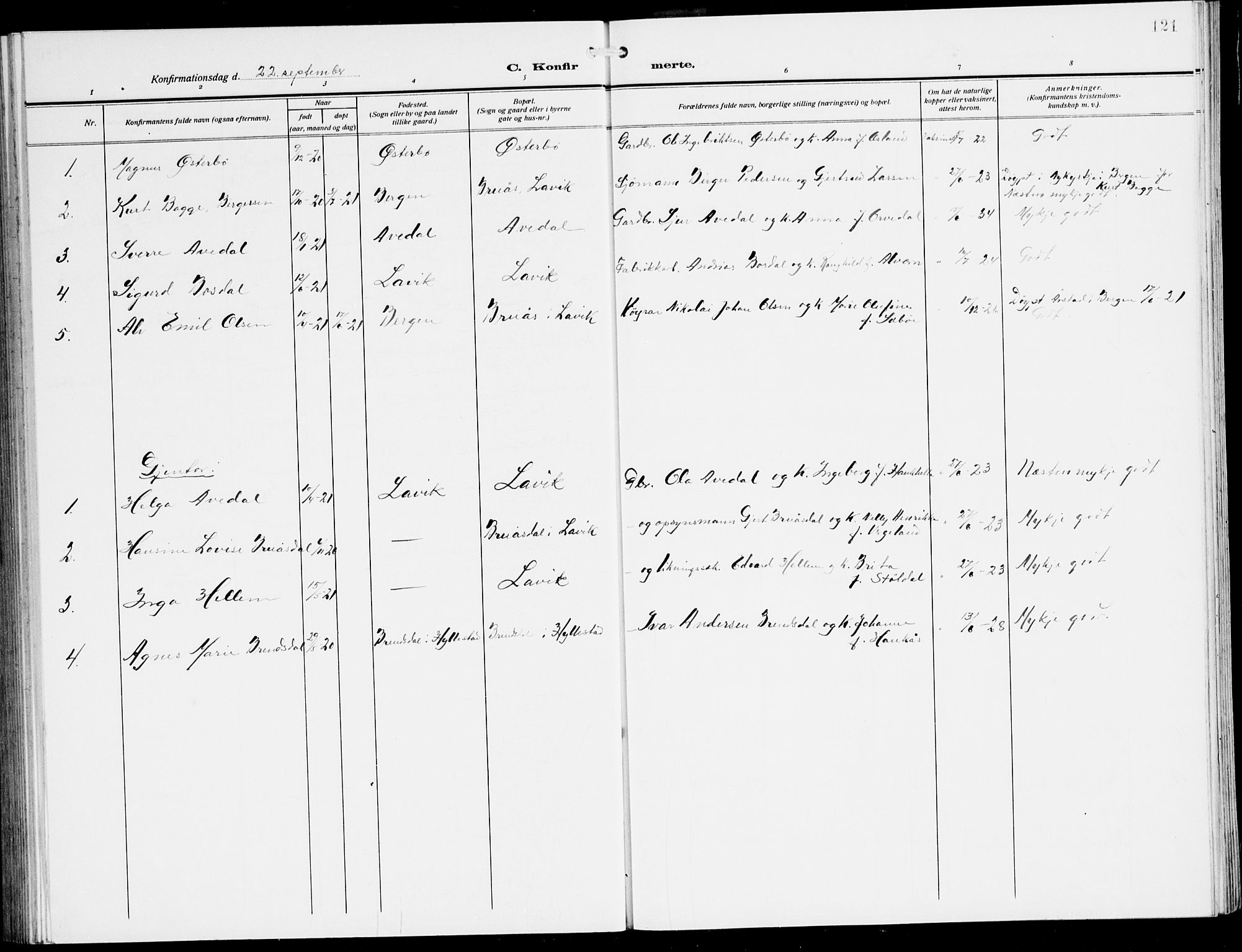 Lavik sokneprestembete, AV/SAB-A-80901: Parish register (copy) no. A 3, 1911-1942, p. 121