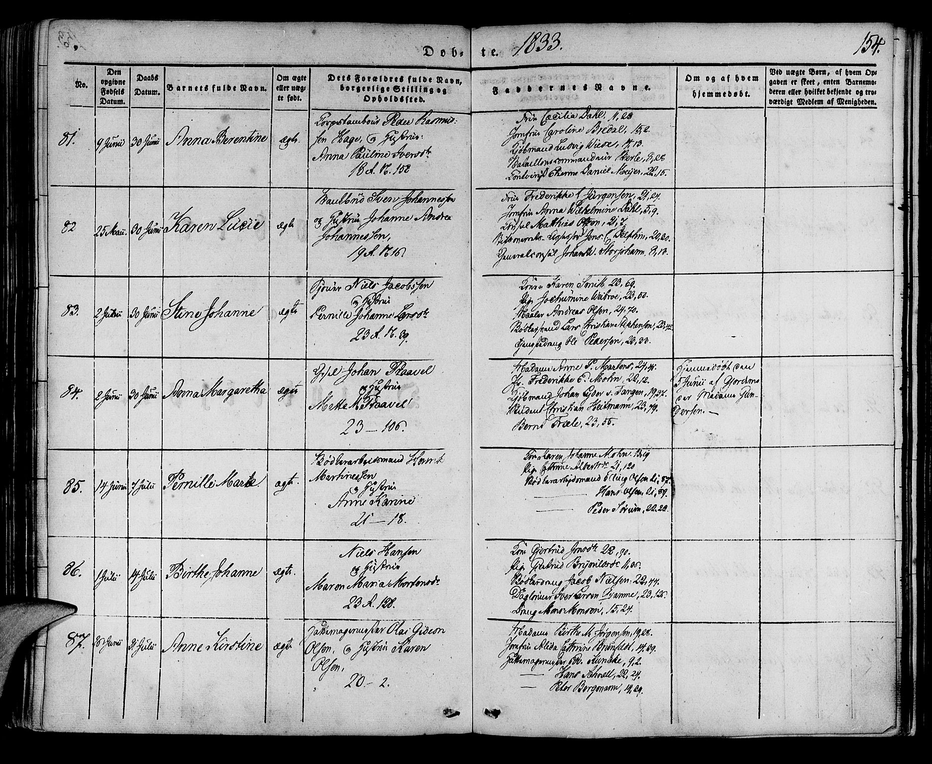 Korskirken sokneprestembete, SAB/A-76101/H/Haa/L0015: Parish register (official) no. B 1, 1833-1841, p. 154