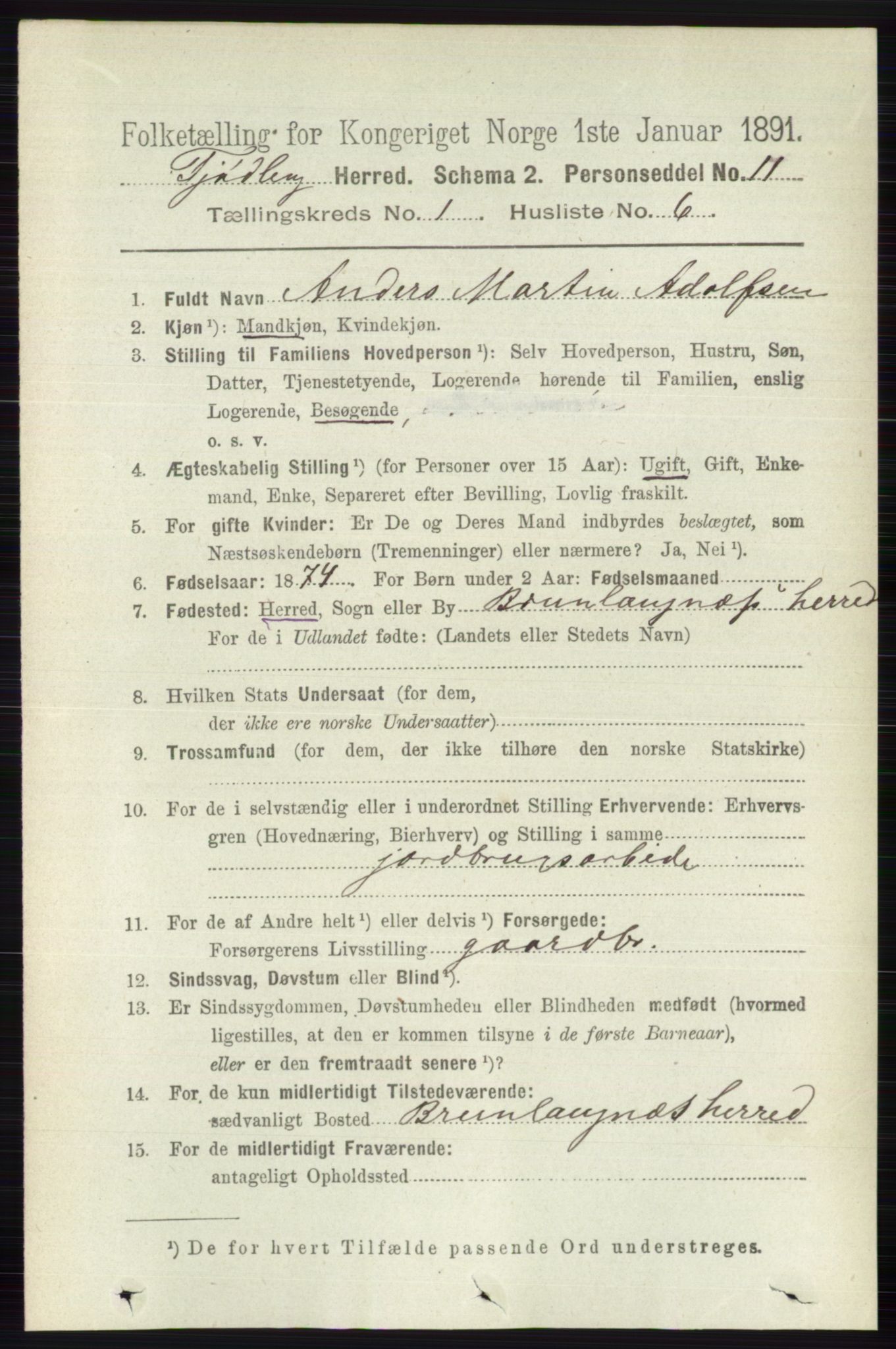 RA, 1891 census for 0725 Tjølling, 1891, p. 134