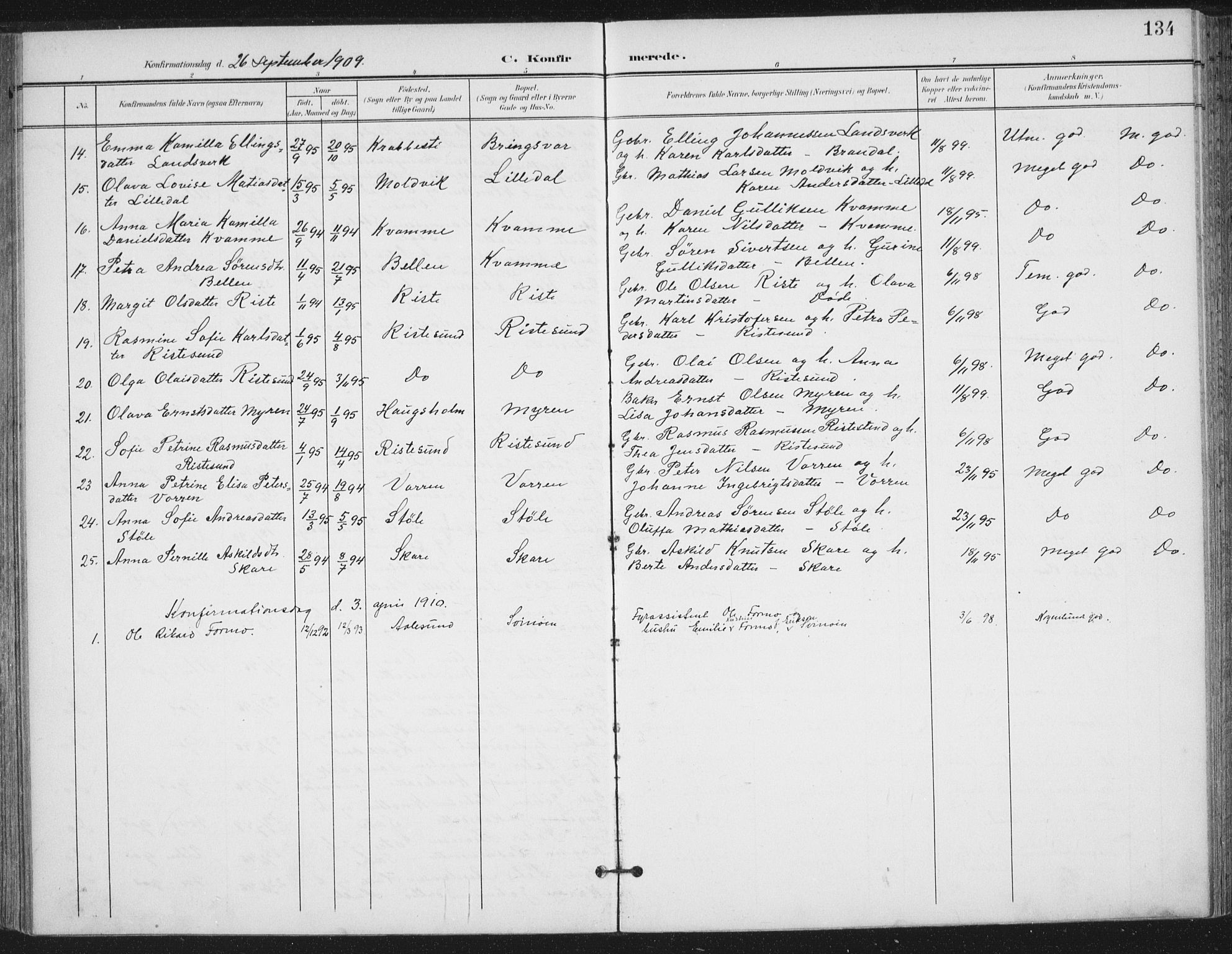 Ministerialprotokoller, klokkerbøker og fødselsregistre - Møre og Romsdal, SAT/A-1454/503/L0038: Parish register (official) no. 503A06, 1901-1917, p. 134