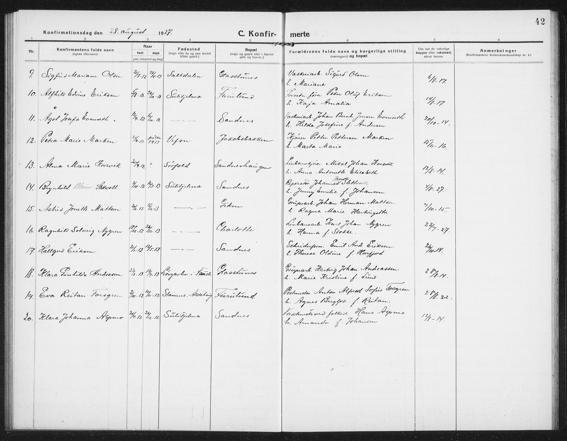 Ministerialprotokoller, klokkerbøker og fødselsregistre - Nordland, SAT/A-1459/850/L0717: Parish register (copy) no. 850C01, 1915-1941, p. 42