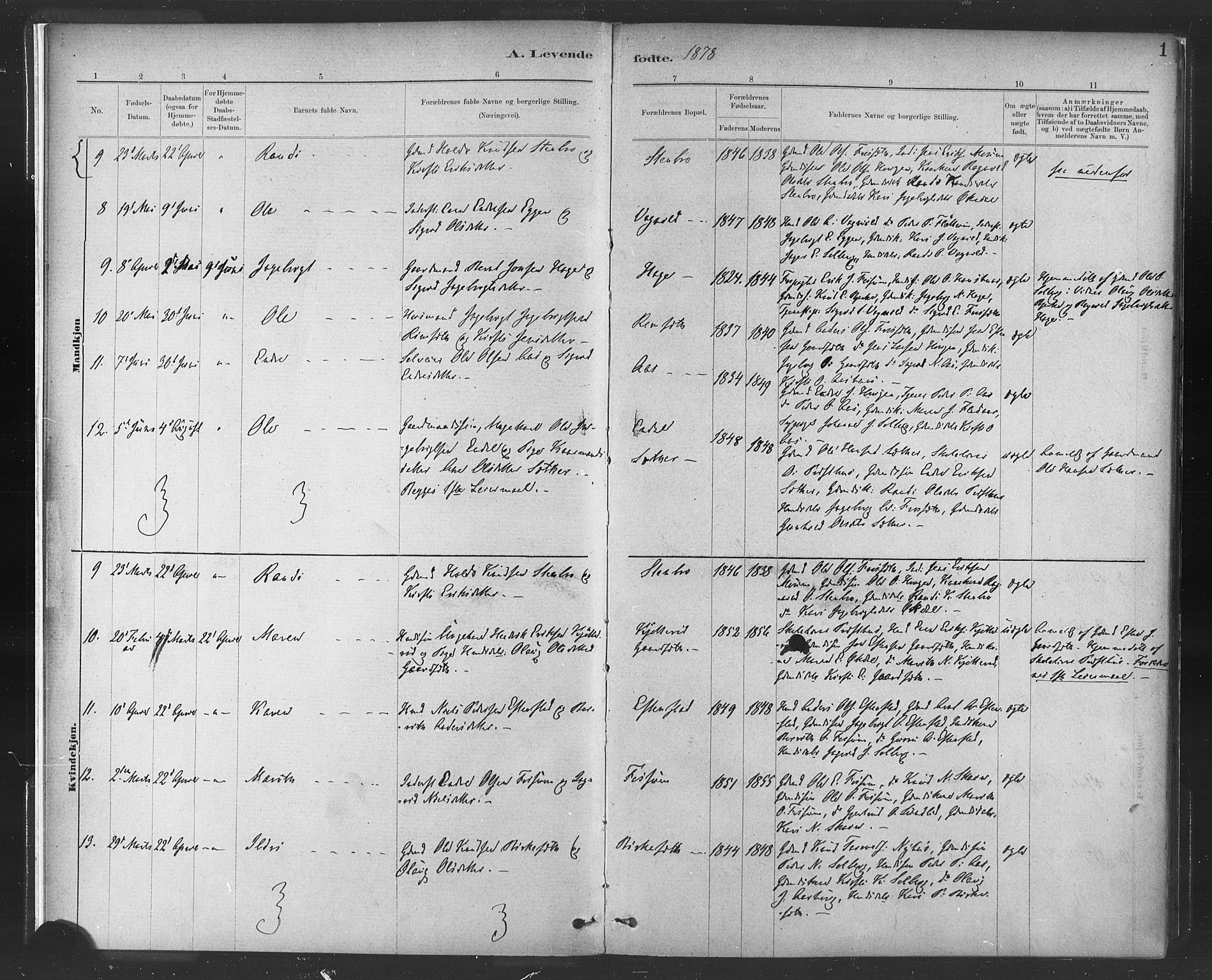Ministerialprotokoller, klokkerbøker og fødselsregistre - Sør-Trøndelag, SAT/A-1456/689/L1040: Parish register (official) no. 689A05, 1878-1890, p. 1