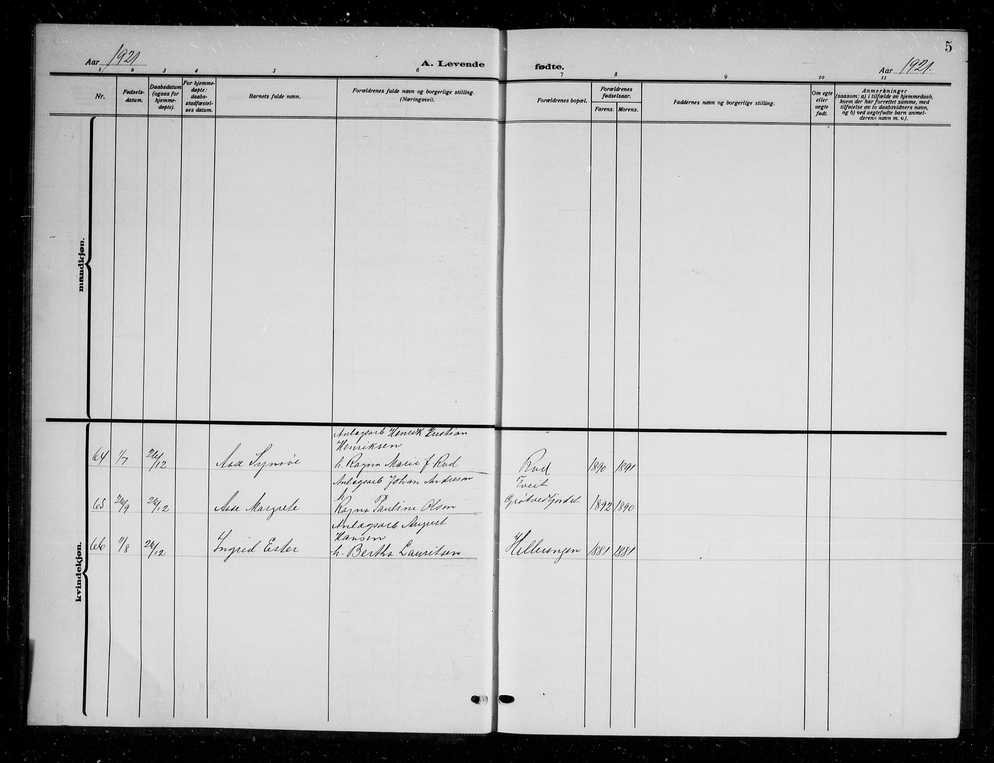 Askim prestekontor Kirkebøker, AV/SAO-A-10900/G/Ga/L0003: Parish register (copy) no. 3, 1921-1937, p. 5