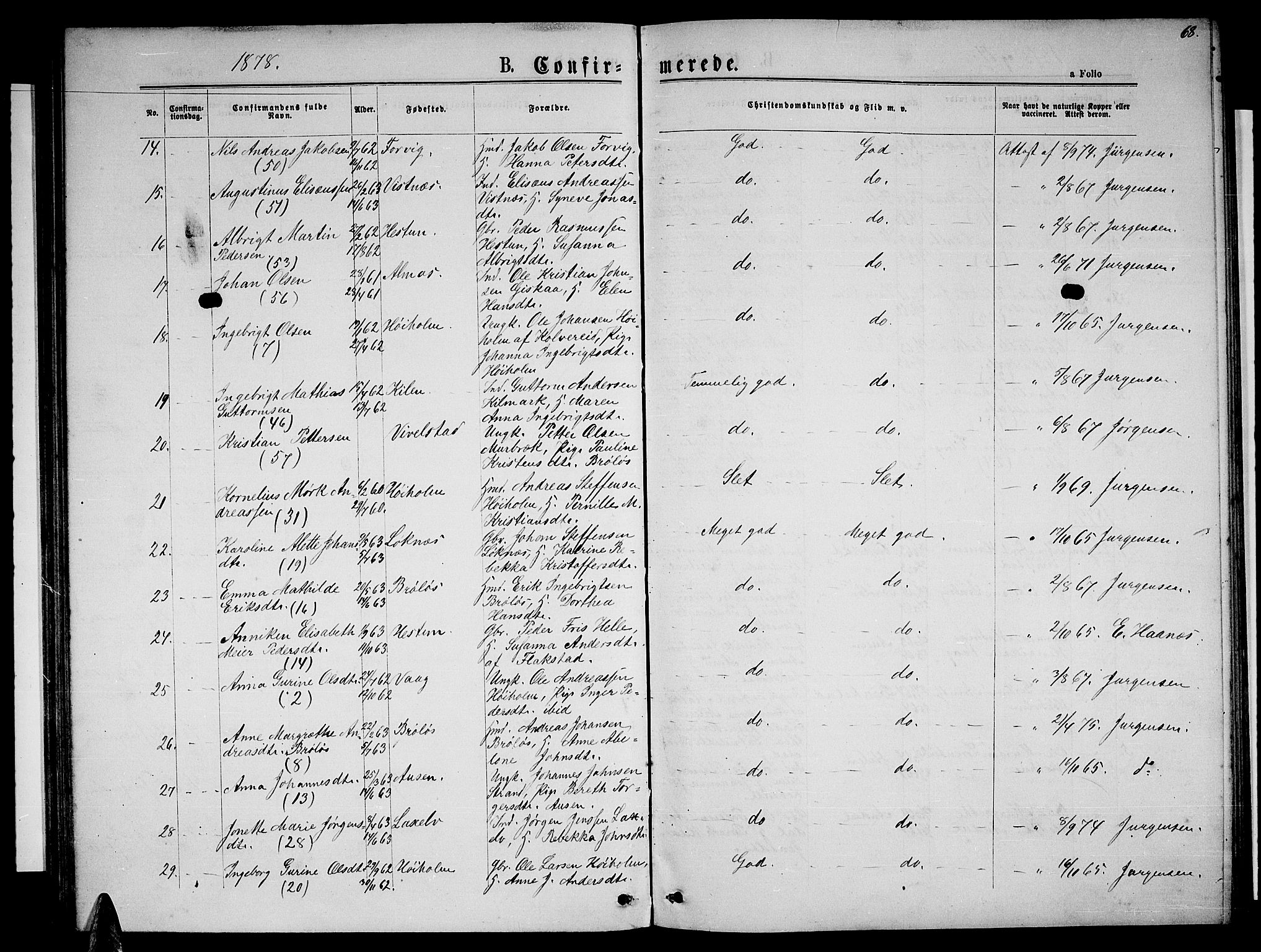 Ministerialprotokoller, klokkerbøker og fødselsregistre - Nordland, SAT/A-1459/819/L0276: Parish register (copy) no. 819C02, 1869-1887, p. 68