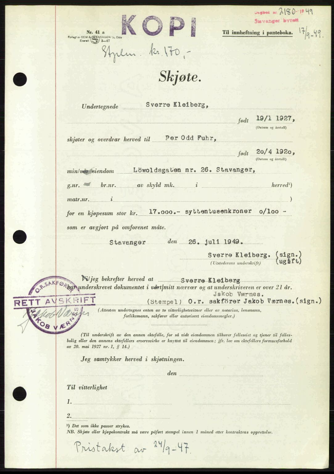 Stavanger byrett, SAST/A-100455/002/G/Gb/L0023: Mortgage book no. A12, 1948-1949, Diary no: : 2180/1949