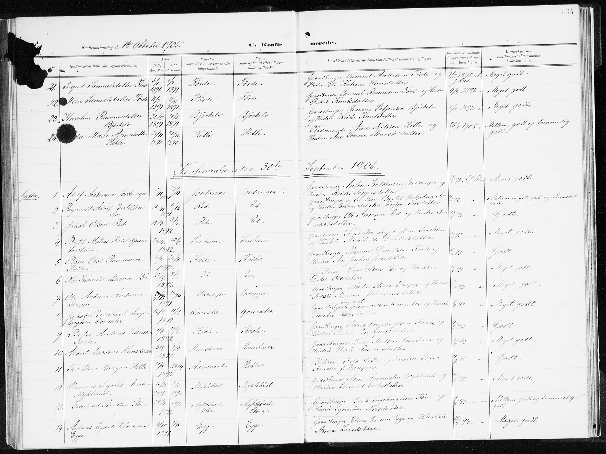 Gloppen sokneprestembete, AV/SAB-A-80101/H/Haa/Haac/L0003: Parish register (official) no. C 3, 1904-1921, p. 134