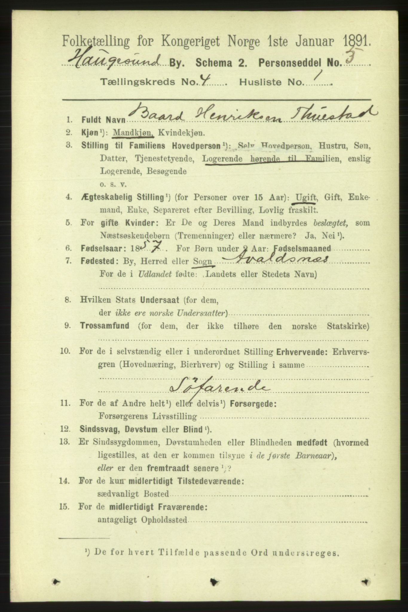 RA, 1891 census for 1106 Haugesund, 1891, p. 1159