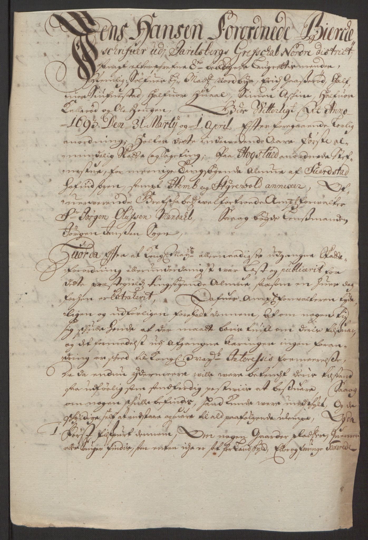 Rentekammeret inntil 1814, Reviderte regnskaper, Fogderegnskap, AV/RA-EA-4092/R32/L1866: Fogderegnskap Jarlsberg grevskap, 1693, p. 397