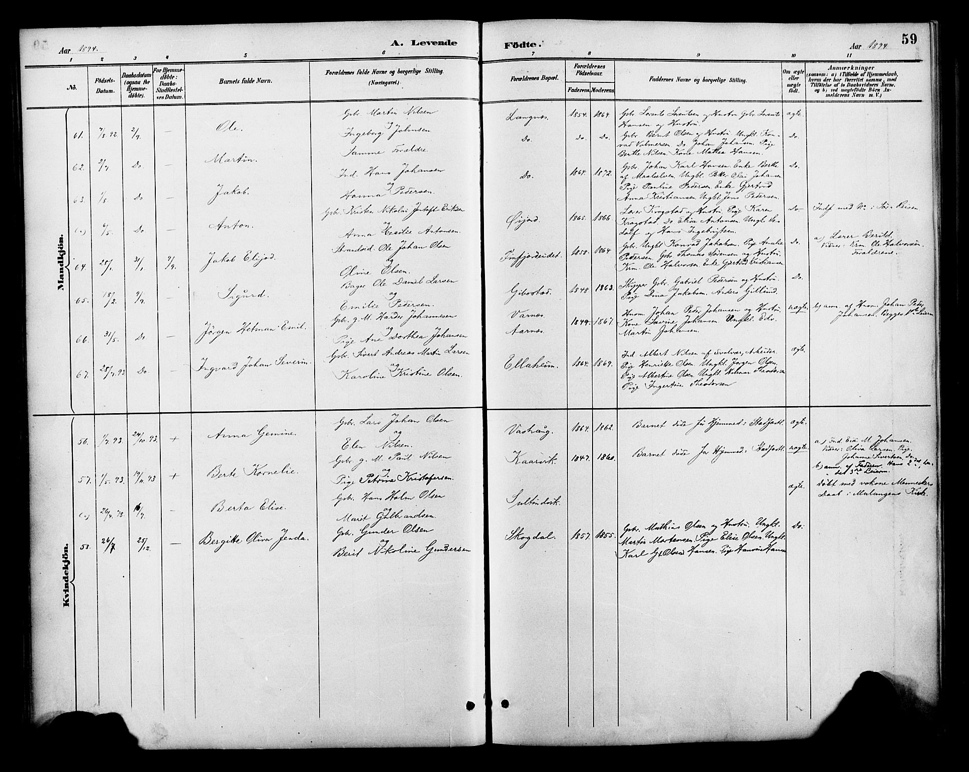 Lenvik sokneprestembete, AV/SATØ-S-1310/H/Ha/Haa/L0013kirke: Parish register (official) no. 13, 1890-1898, p. 59