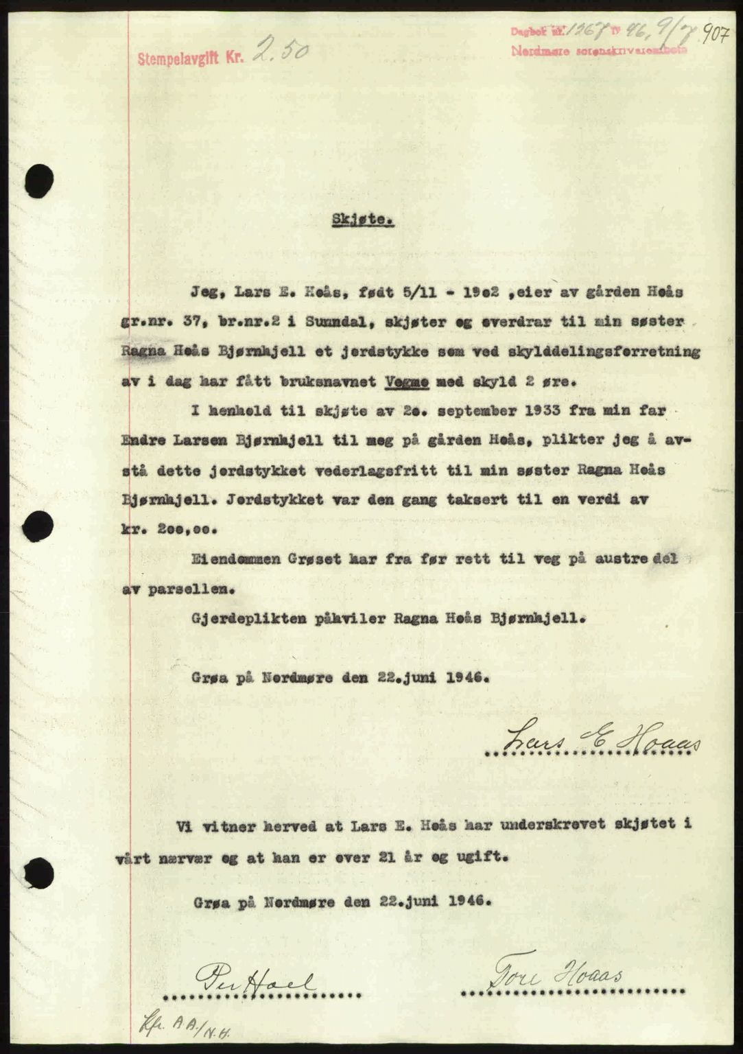 Nordmøre sorenskriveri, AV/SAT-A-4132/1/2/2Ca: Mortgage book no. A101, 1946-1946, Diary no: : 1267/1946