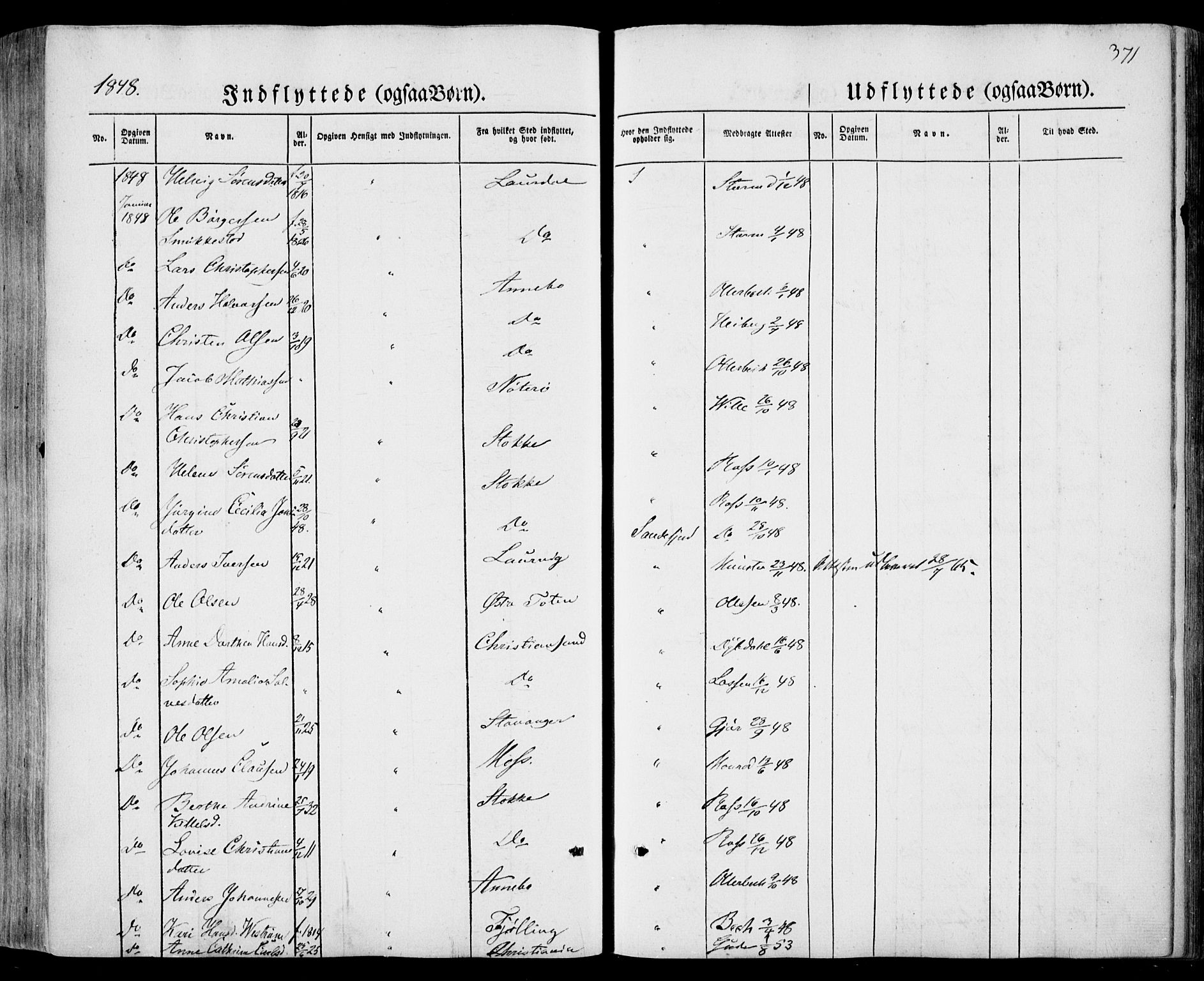 Sandar kirkebøker, SAKO/A-243/F/Fa/L0006: Parish register (official) no. 6, 1847-1860, p. 371