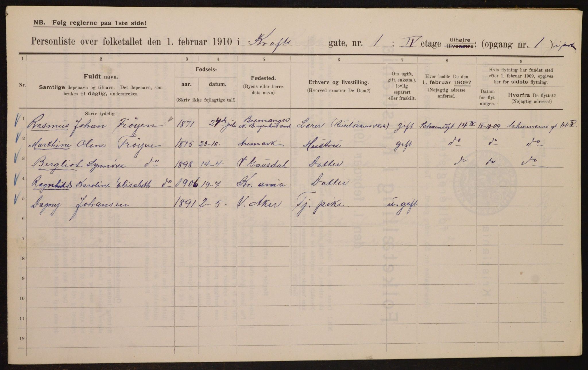 OBA, Municipal Census 1910 for Kristiania, 1910, p. 52331