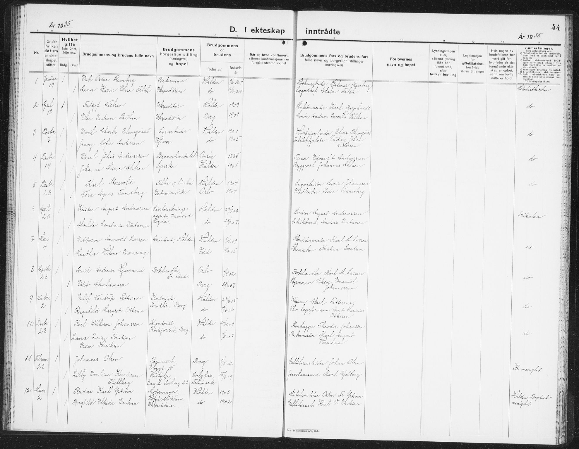 Halden prestekontor Kirkebøker, SAO/A-10909/F/Fb/L0002: Parish register (official) no. II 2, 1933-1942, p. 44
