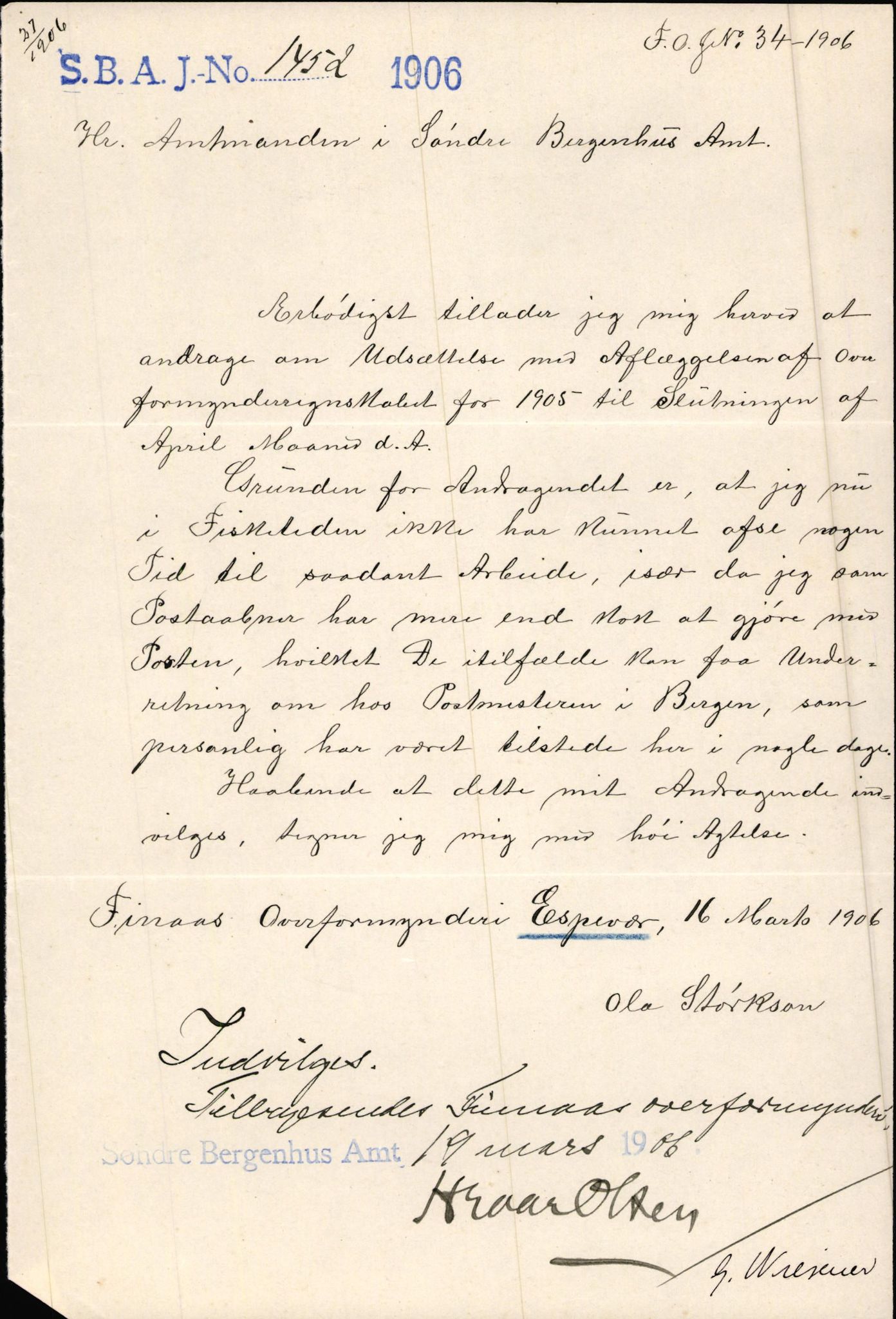 Finnaas kommune. Overformynderiet, IKAH/1218a-812/D/Da/Daa/L0002/0003: Kronologisk ordna korrespondanse / Kronologisk ordna korrespondanse, 1905-1909, p. 59