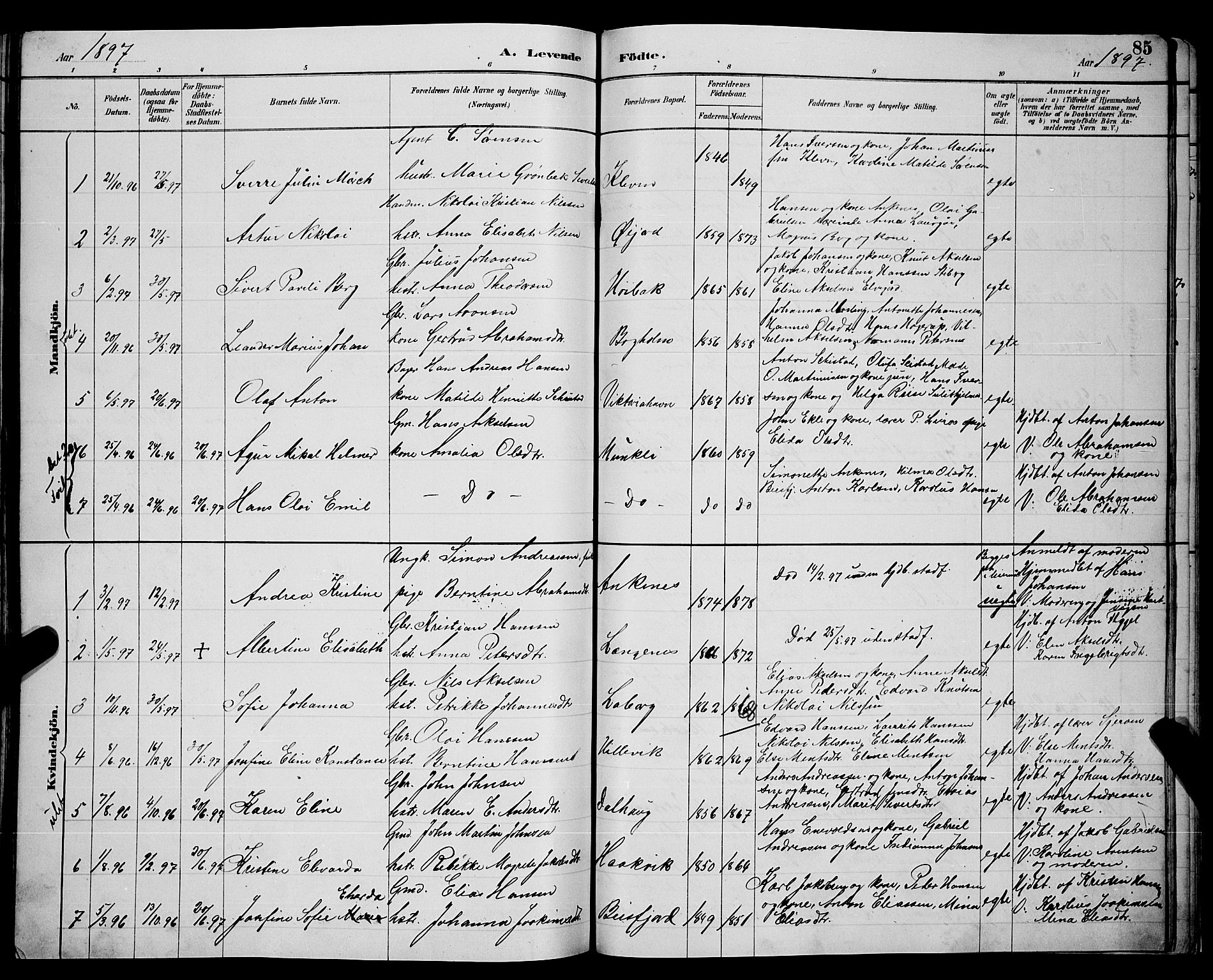 Ministerialprotokoller, klokkerbøker og fødselsregistre - Nordland, AV/SAT-A-1459/866/L0952: Parish register (copy) no. 866C01, 1886-1899, p. 85