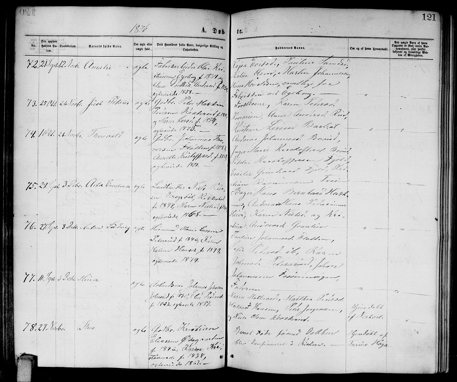 Enebakk prestekontor Kirkebøker, SAO/A-10171c/G/Ga/L0005: Parish register (copy) no. I 5, 1867-1888, p. 121