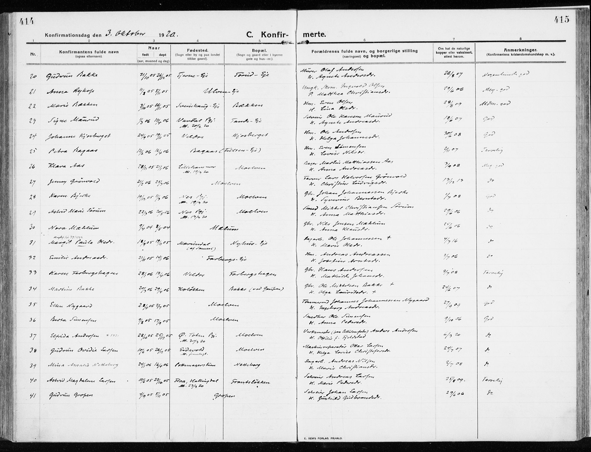 Ringsaker prestekontor, AV/SAH-PREST-014/K/Ka/L0020: Parish register (official) no. 20, 1913-1922, p. 414-415