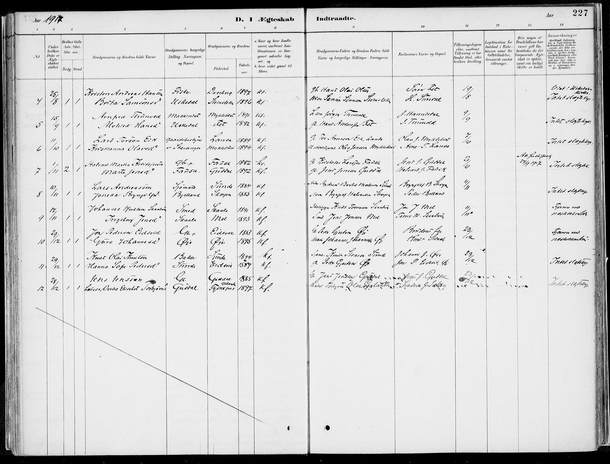 Kvinnherad sokneprestembete, AV/SAB-A-76401/H/Haa: Parish register (official) no. B  1, 1887-1921, p. 227