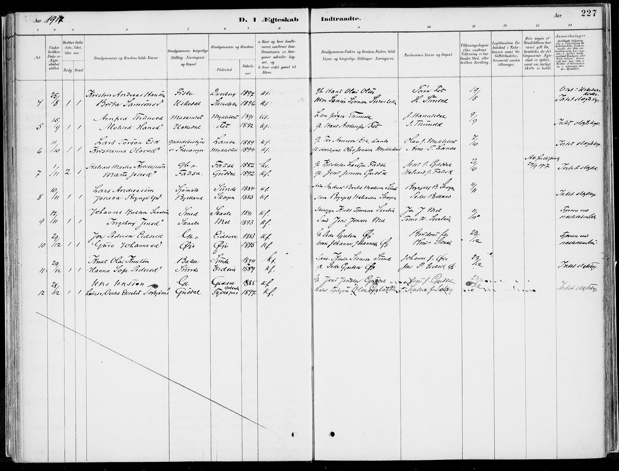 Kvinnherad sokneprestembete, AV/SAB-A-76401/H/Haa: Parish register (official) no. B  1, 1887-1921, p. 227