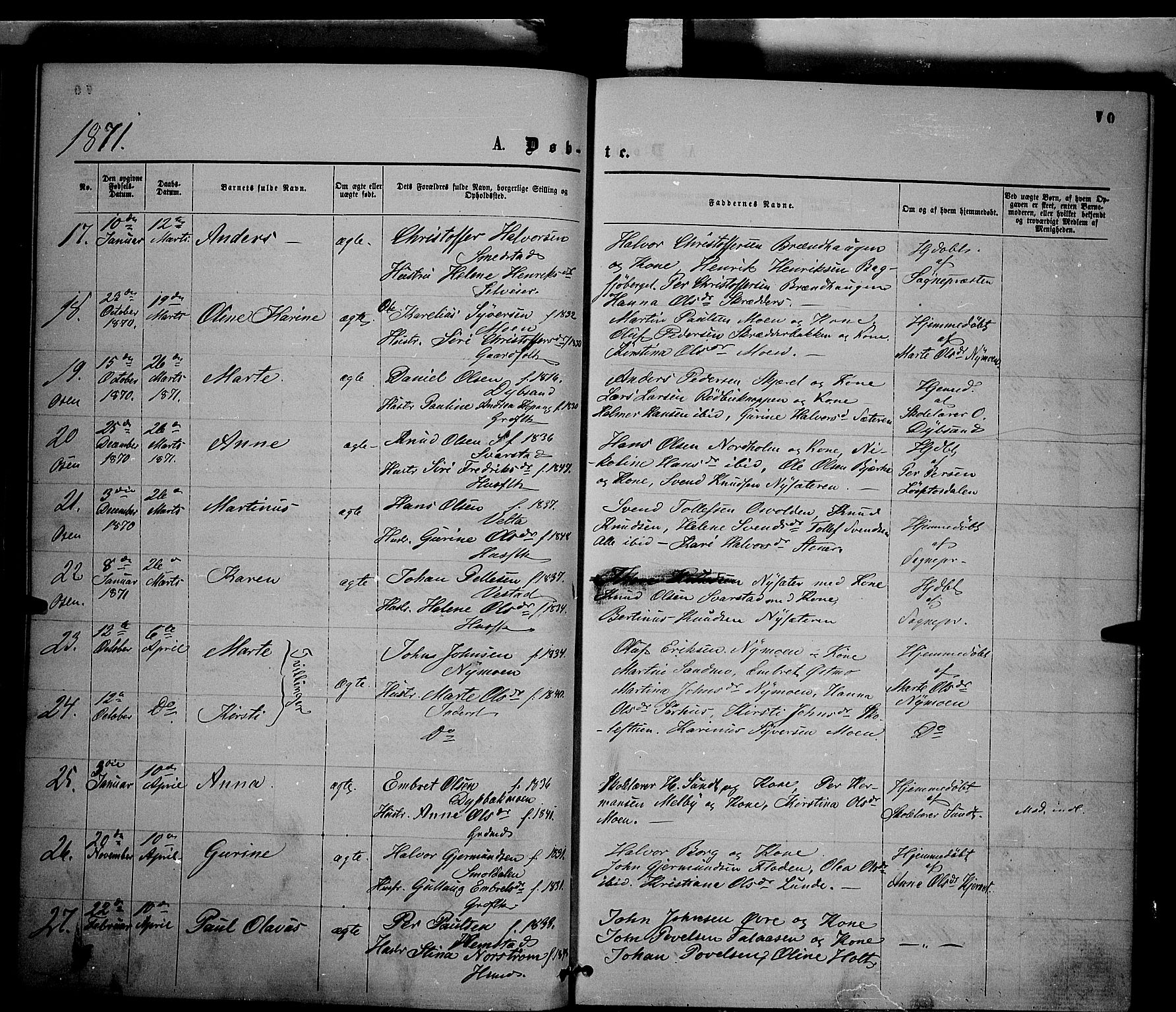 Trysil prestekontor, AV/SAH-PREST-046/H/Ha/Haa/L0006: Parish register (official) no. 6, 1866-1873, p. 70