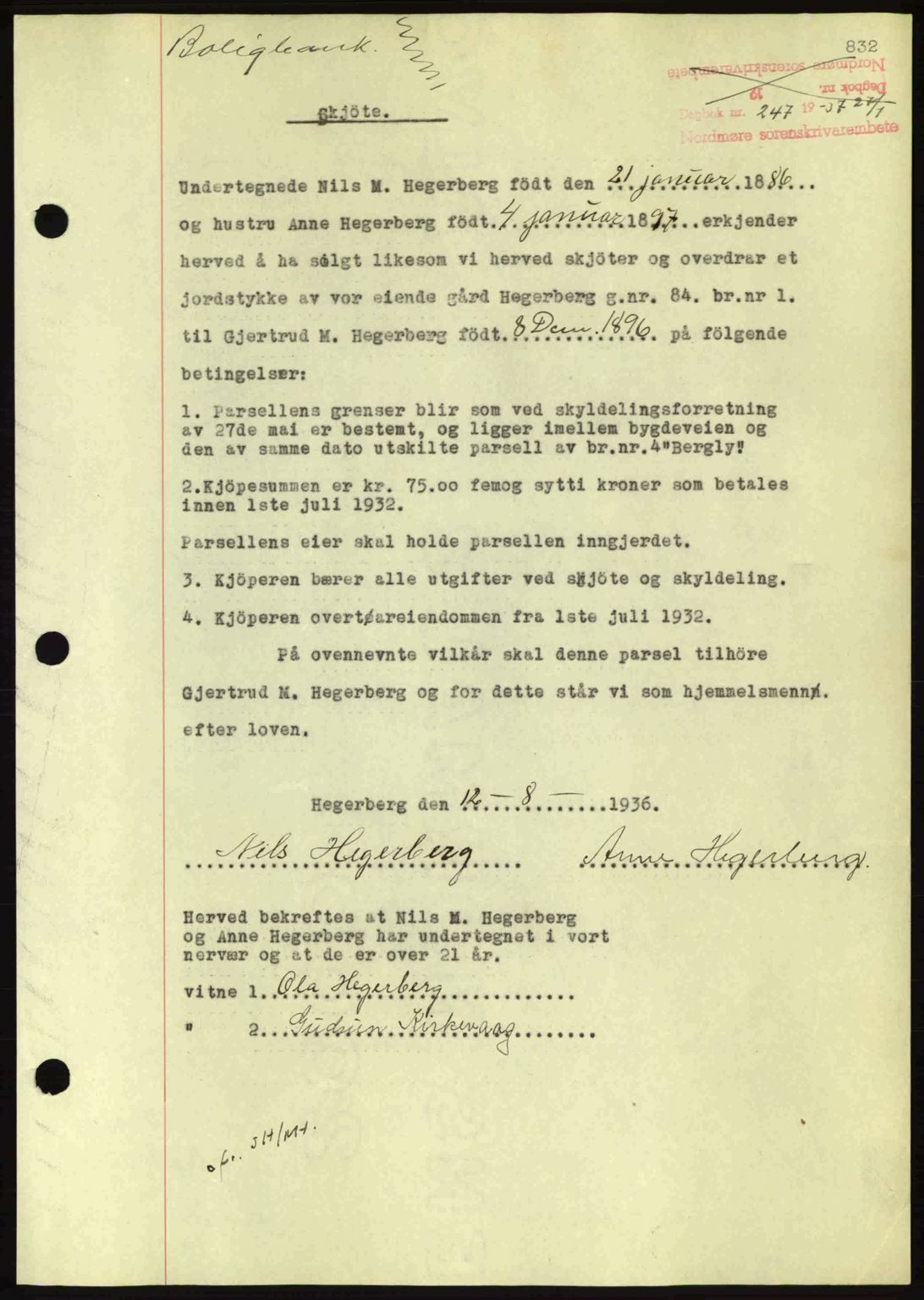 Nordmøre sorenskriveri, AV/SAT-A-4132/1/2/2Ca: Mortgage book no. A80, 1936-1937, Diary no: : 247/1937