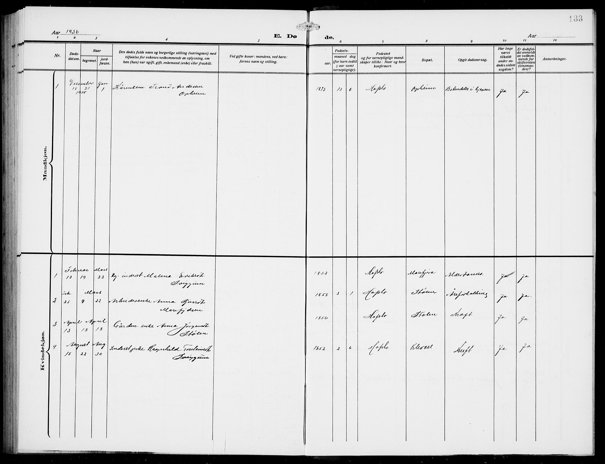 Jostedal sokneprestembete, AV/SAB-A-80601/H/Hab/Habd/L0002: Parish register (copy) no. D 2, 1910-1941, p. 133