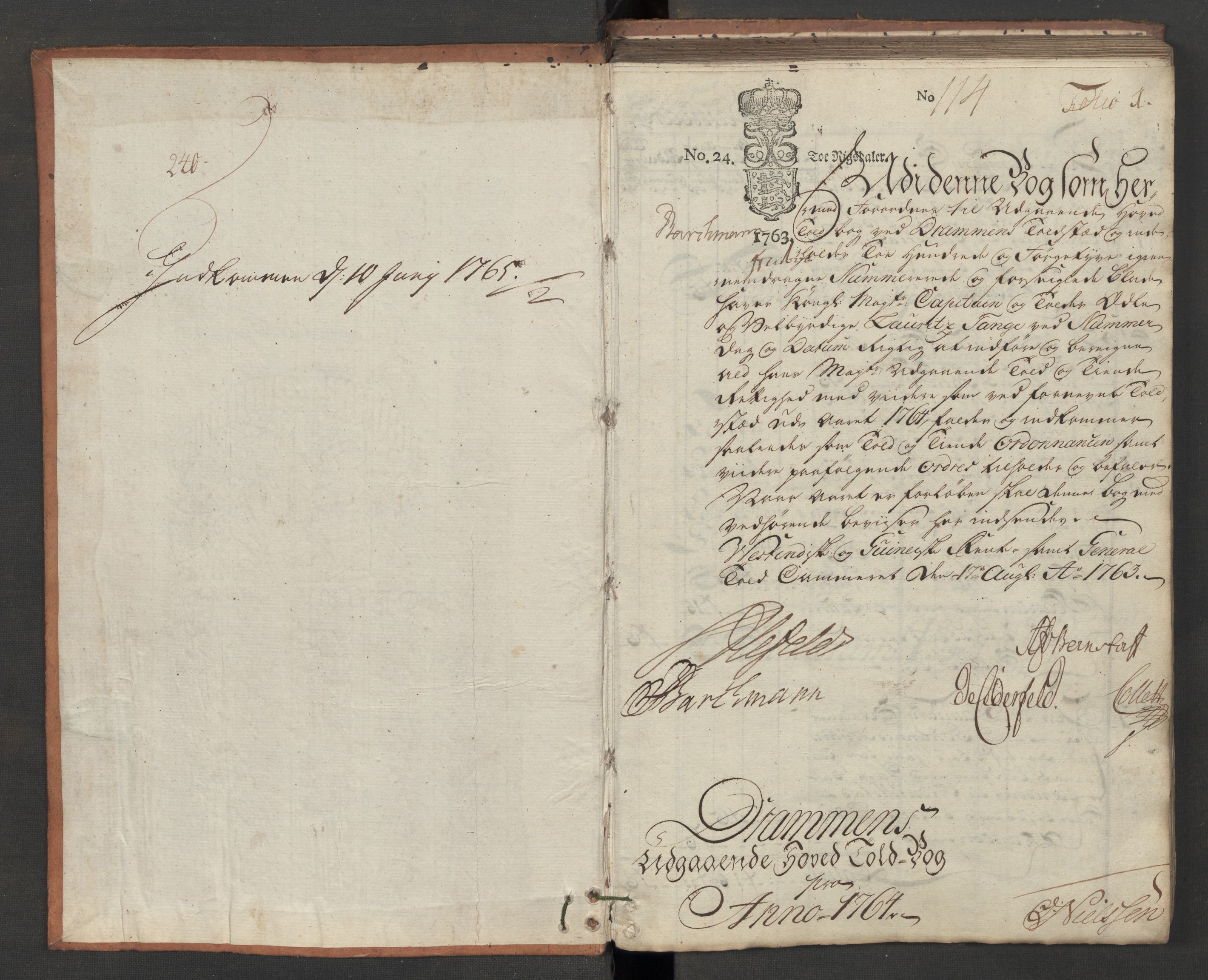 Generaltollkammeret, tollregnskaper, RA/EA-5490/R08/L0061/0001: Tollregnskaper Drammen / Utgående hovedtollbok, 1764