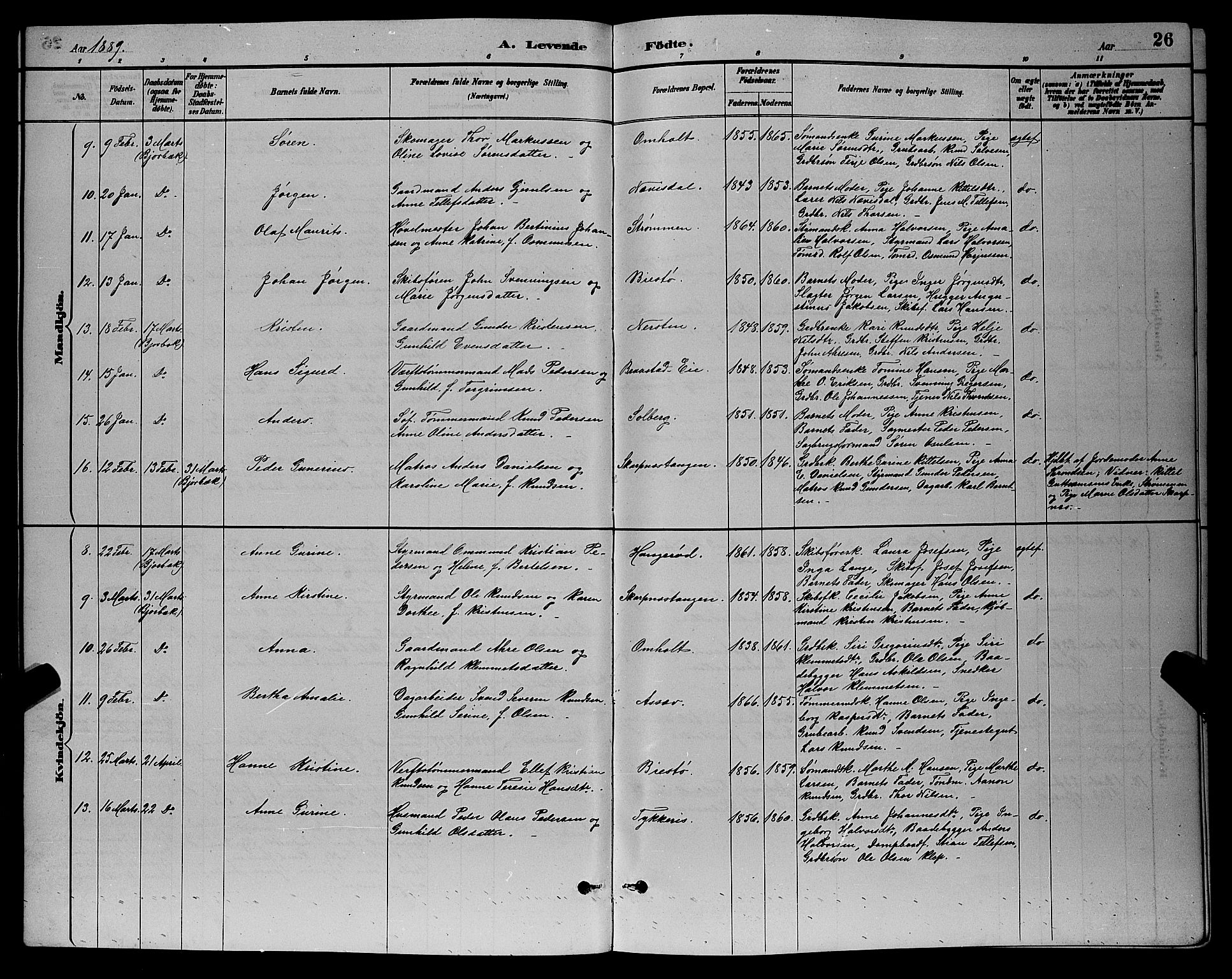 Øyestad sokneprestkontor, AV/SAK-1111-0049/F/Fb/L0009: Parish register (copy) no. B 9, 1886-1896, p. 26