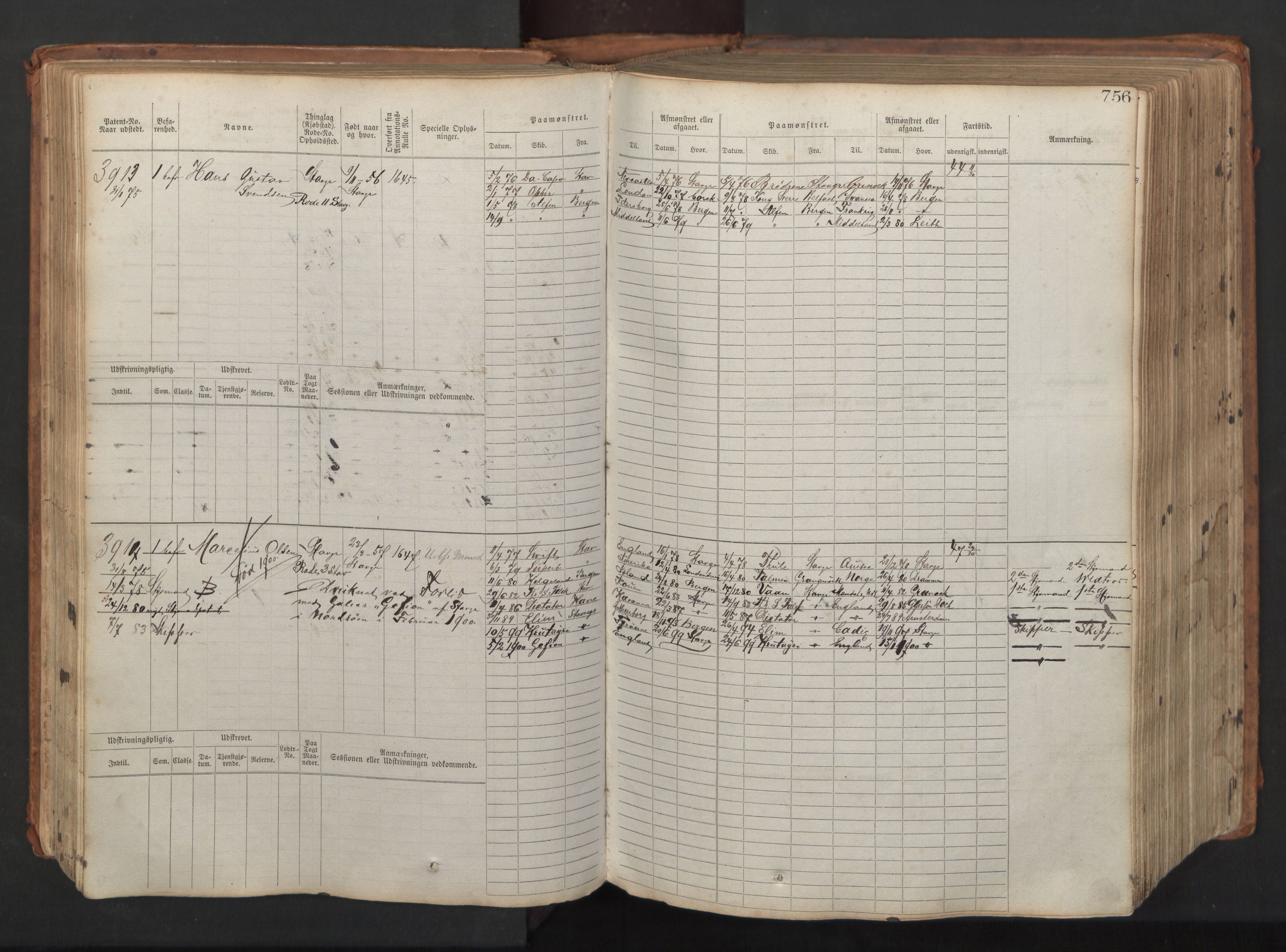 Stavanger sjømannskontor, AV/SAST-A-102006/F/Fb/Fbb/L0008: Sjøfartshovedrulle, patentnr. 3605-4804, 1873, p. 185