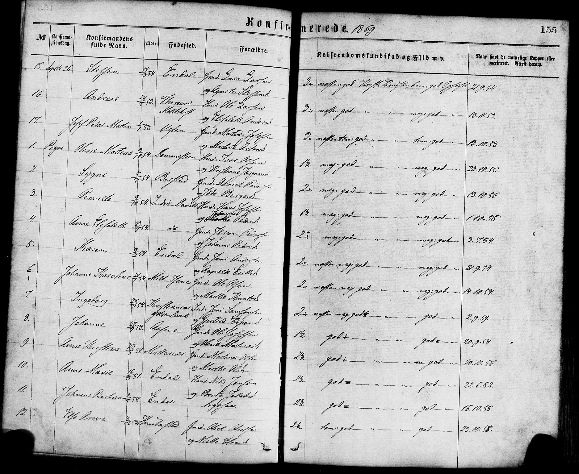 Davik sokneprestembete, AV/SAB-A-79701/H/Haa/Haaa/L0006: Parish register (official) no. A 6, 1867-1881, p. 155