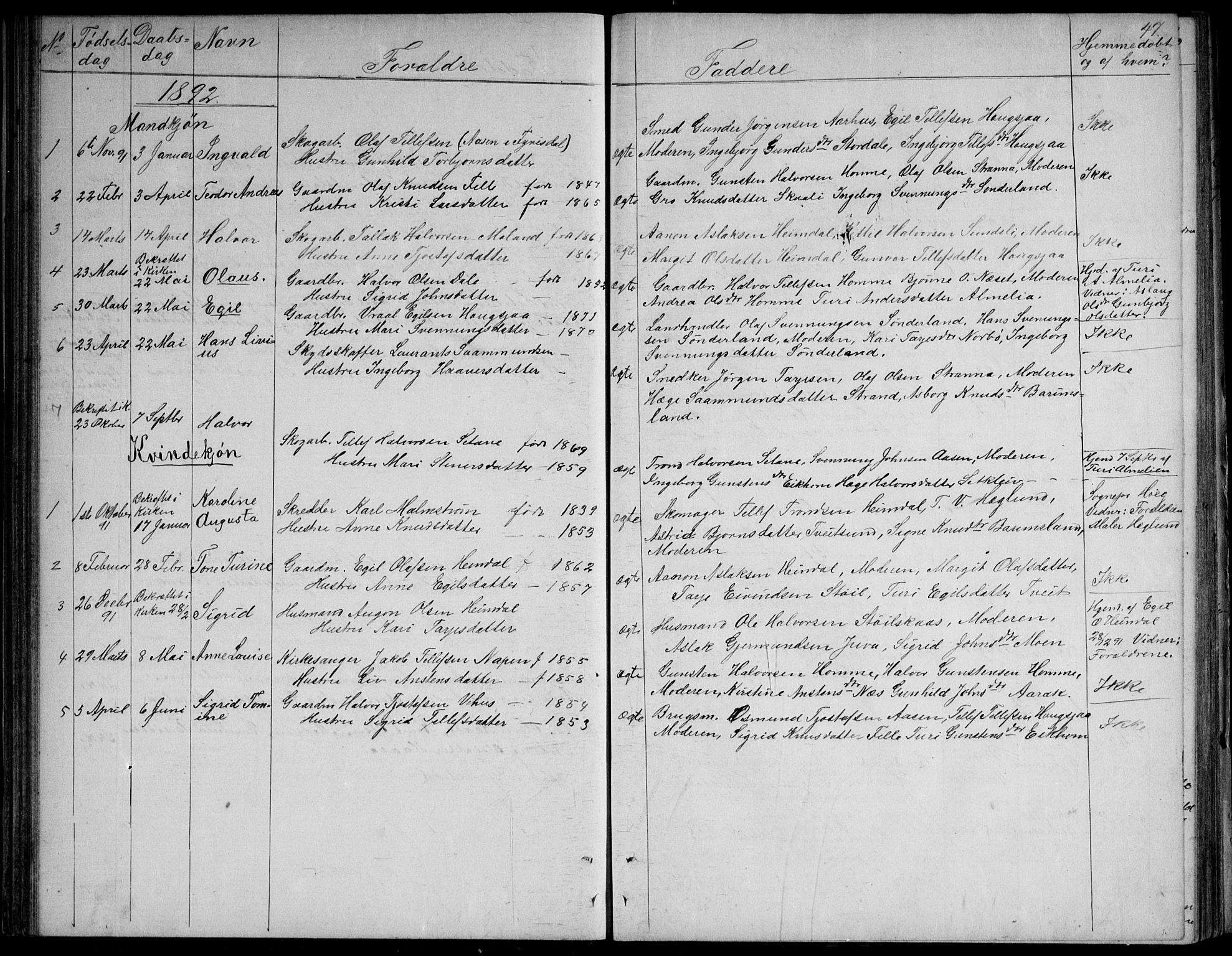 Nissedal kirkebøker, SAKO/A-288/G/Gb/L0002: Parish register (copy) no. II 2, 1863-1892, p. 47