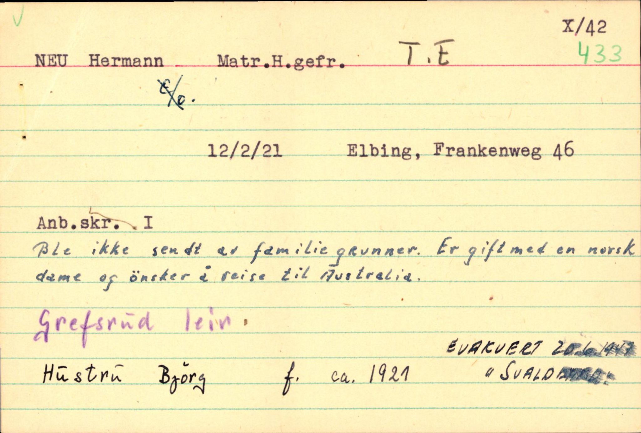 Forsvaret, Forsvarets overkommando II, AV/RA-RAFA-3915/D/Db/L0024: CI Questionaires. Tyske okkupasjonsstyrker i Norge. Tyskere., 1945-1946, p. 2