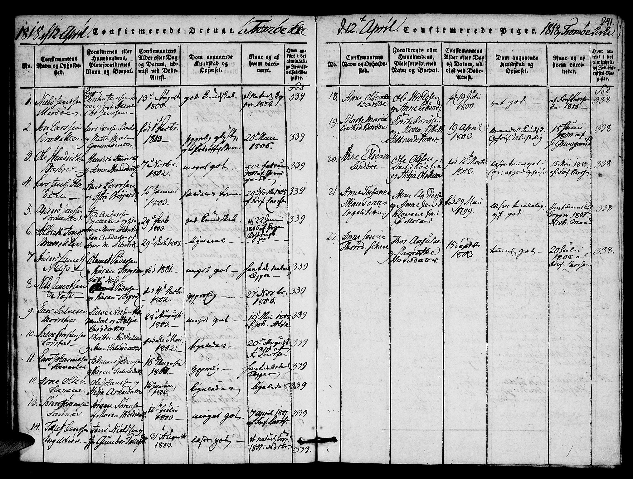 Austre Moland sokneprestkontor, SAK/1111-0001/F/Fa/Faa/L0004: Parish register (official) no. A 4, 1816-1824, p. 241