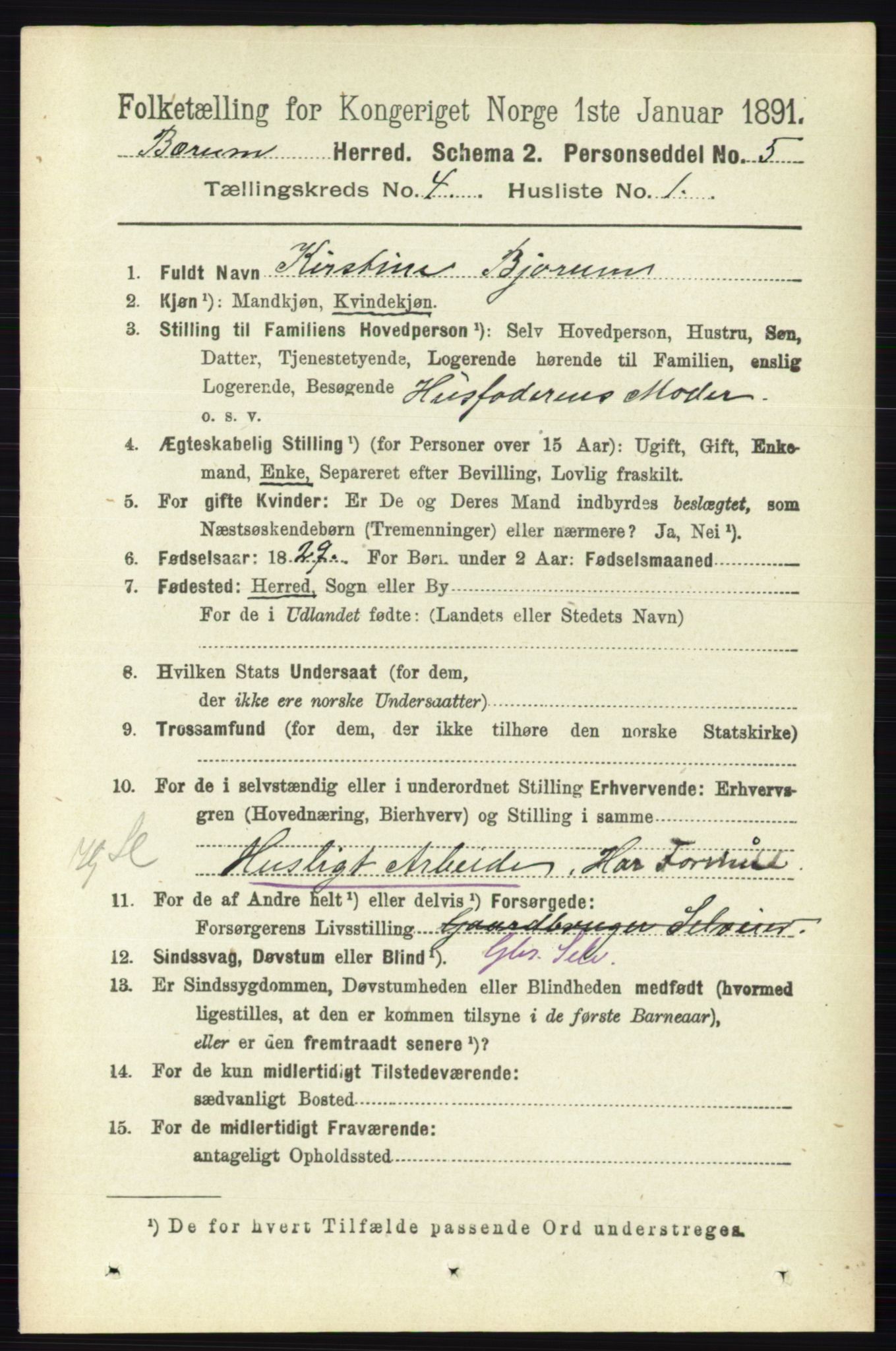 RA, 1891 census for 0219 Bærum, 1891, p. 2490