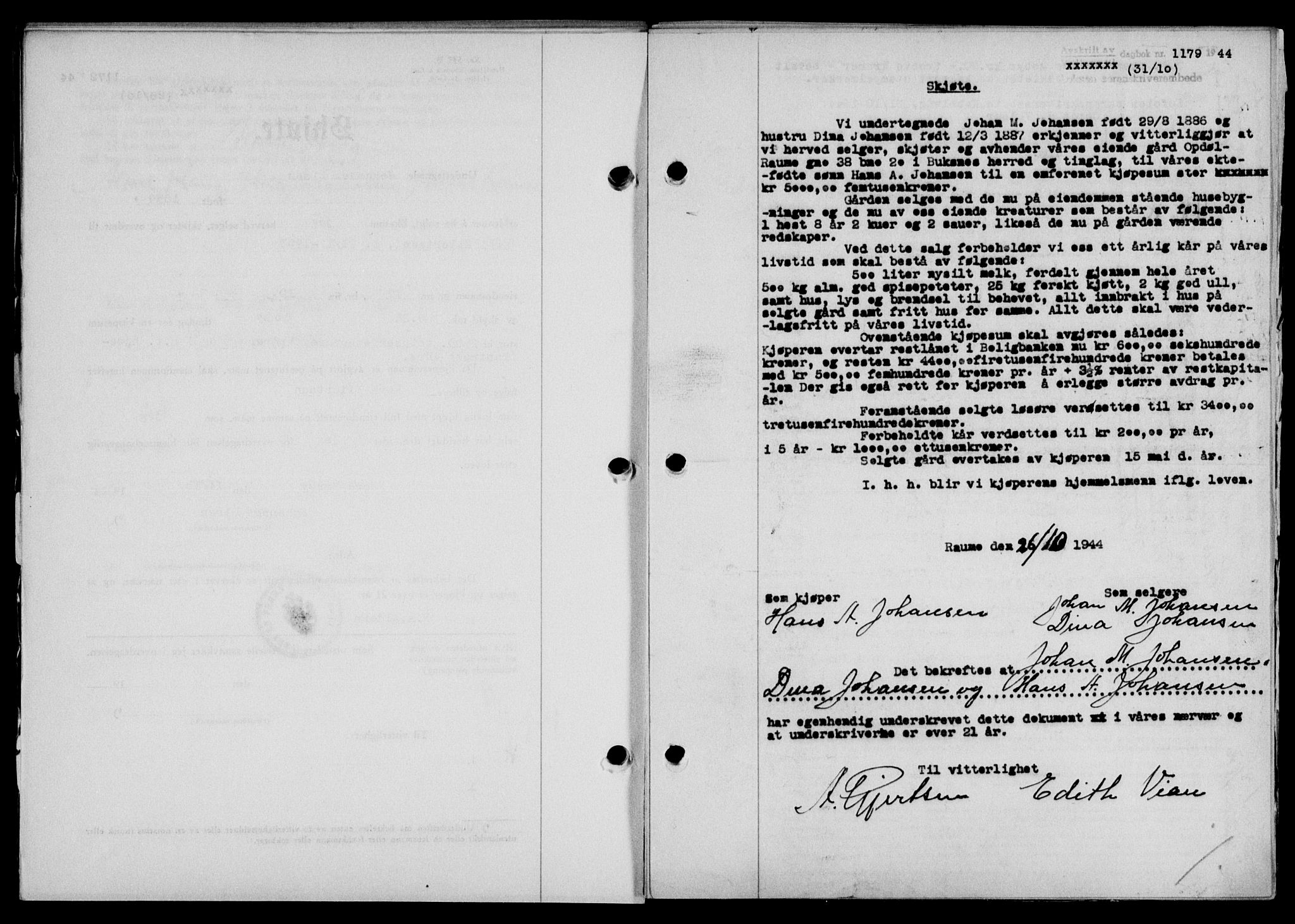 Lofoten sorenskriveri, SAT/A-0017/1/2/2C/L0012a: Mortgage book no. 12a, 1943-1944, Diary no: : 1179/1944