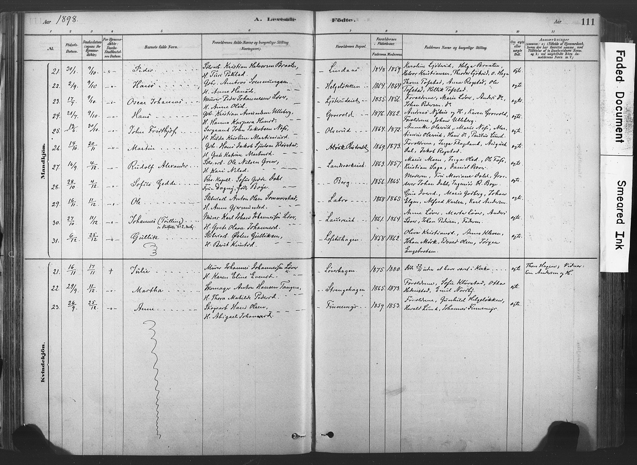 Sandsvær kirkebøker, AV/SAKO-A-244/F/Fd/L0001: Parish register (official) no. IV 1, 1878-1906, p. 111