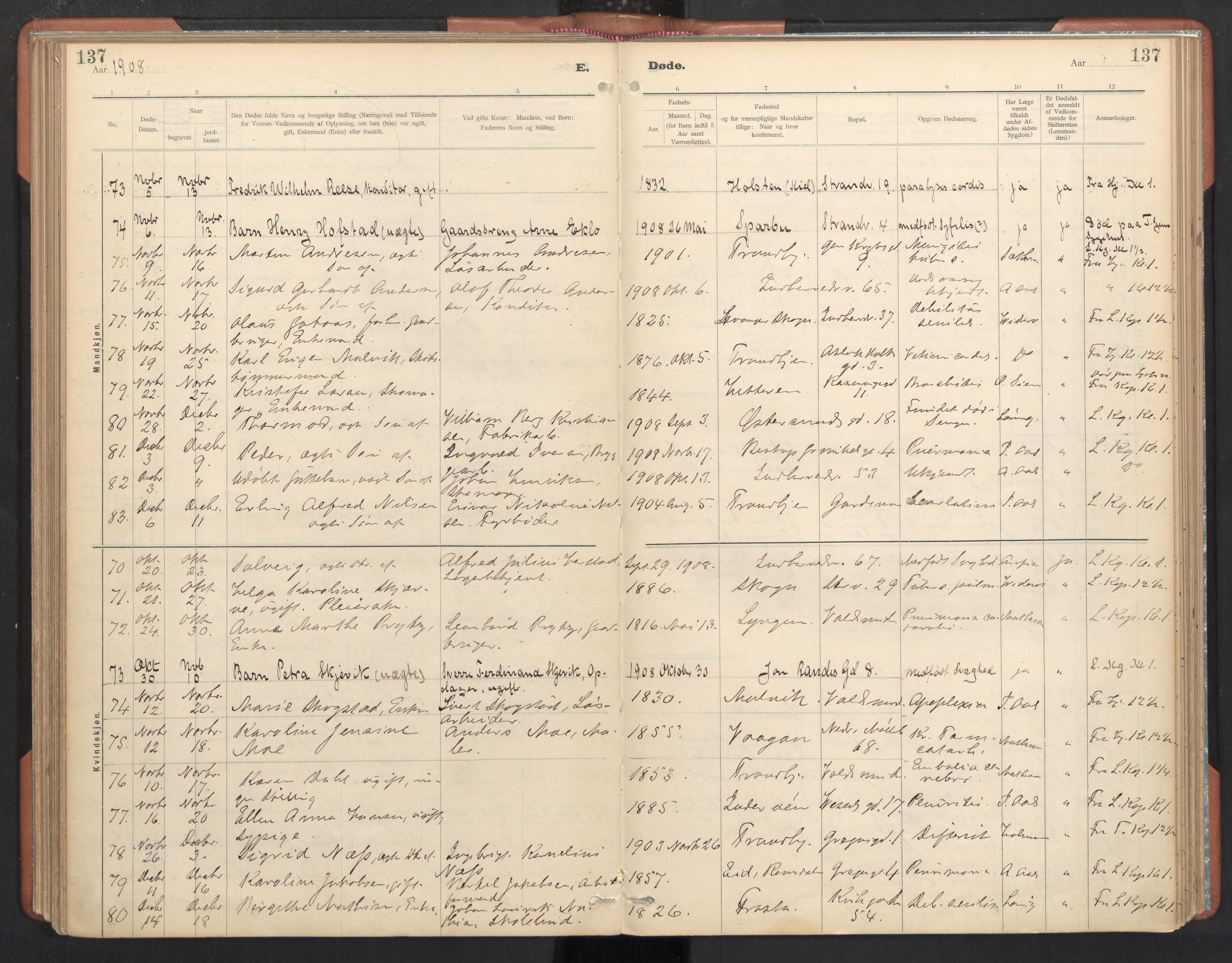 Ministerialprotokoller, klokkerbøker og fødselsregistre - Sør-Trøndelag, SAT/A-1456/605/L0244: Parish register (official) no. 605A06, 1908-1954, p. 137