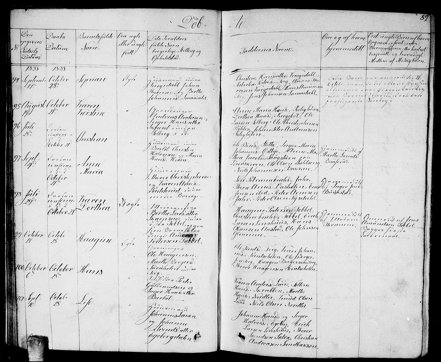 Enebakk prestekontor Kirkebøker, AV/SAO-A-10171c/G/Ga/L0003: Parish register (copy) no. I 3, 1833-1849, p. 89